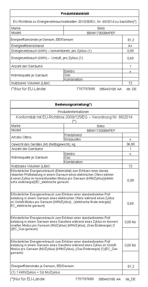 Beko BBIM17300BMPEF b300 Einbaubackofen, 72 l, Multifunktionsofen, Pyrolyse, Schwarz