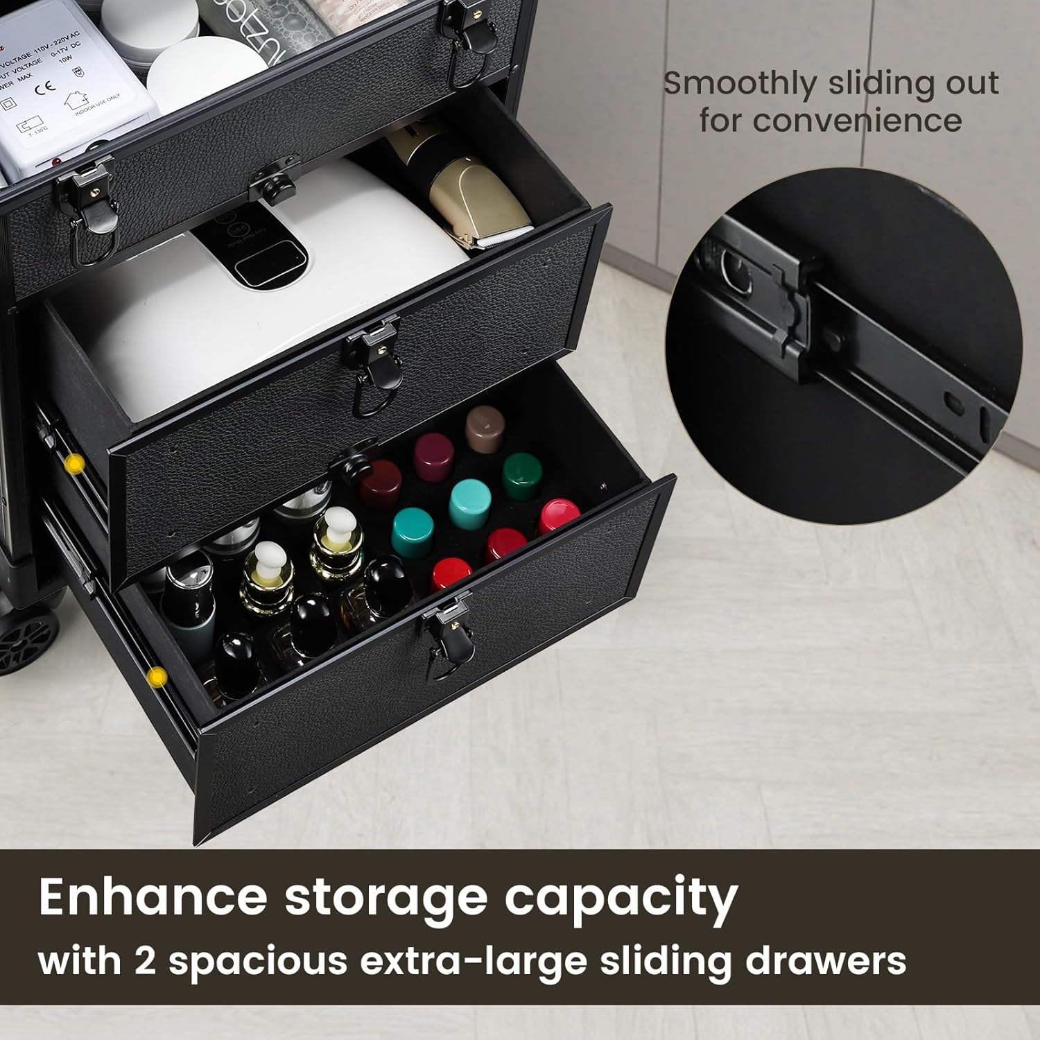 Rolling Makeup Train Case with 2 Large Drawers Cosmetology Case on Wheels Nail Carts Organizer Case Make Up Artist Tattoo Travel Case with Wheels Salon Trolley Black - Image 8