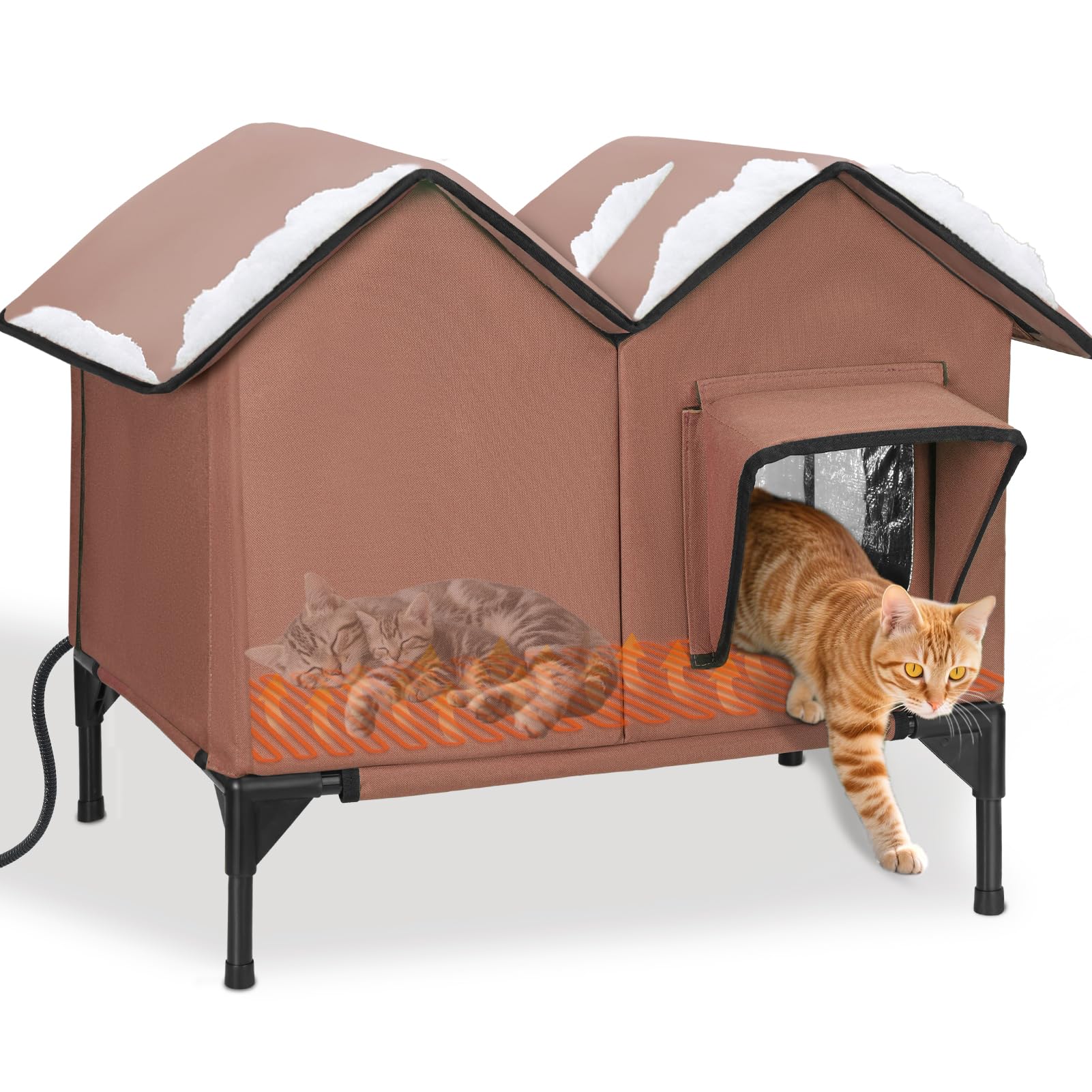 Large Heated Outdoor Cat House Waterproof, Soft and Warm Elevated Winter House with Escape Doors and Heating Pad, Sturdy Insulated Outdoor Cat Shelter for Multiple Cats & Dogs, Brown
