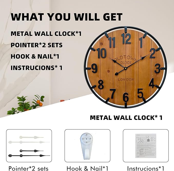 Reloj de Pared Grande Rústico de Madera con Marco Metálico Negro 61 cm miniatura 6
