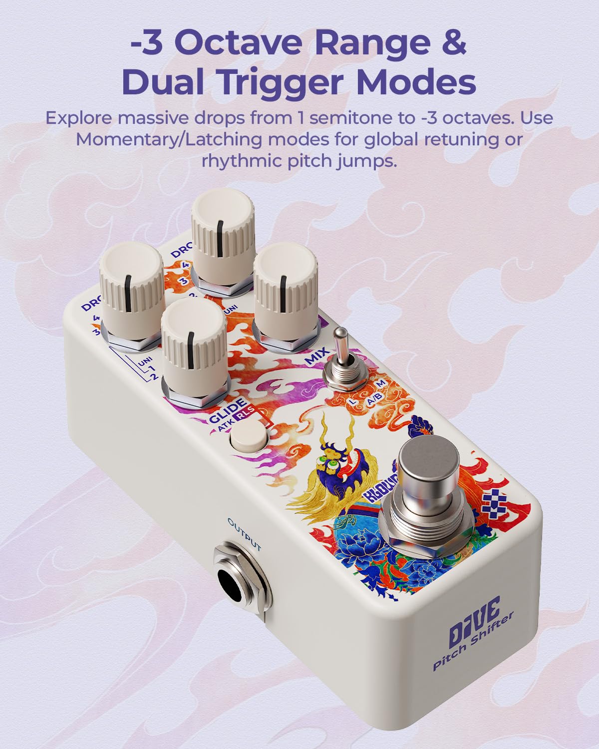 Dive Pitch Shifter – polifoniczny efektów gitarowych z niskim opóźnieniem 8 ms, podwójnymi kanałami Preset, wirtualnym paskiem Whammy Bar Glide Engine, trybami Tight i Sub Sound do