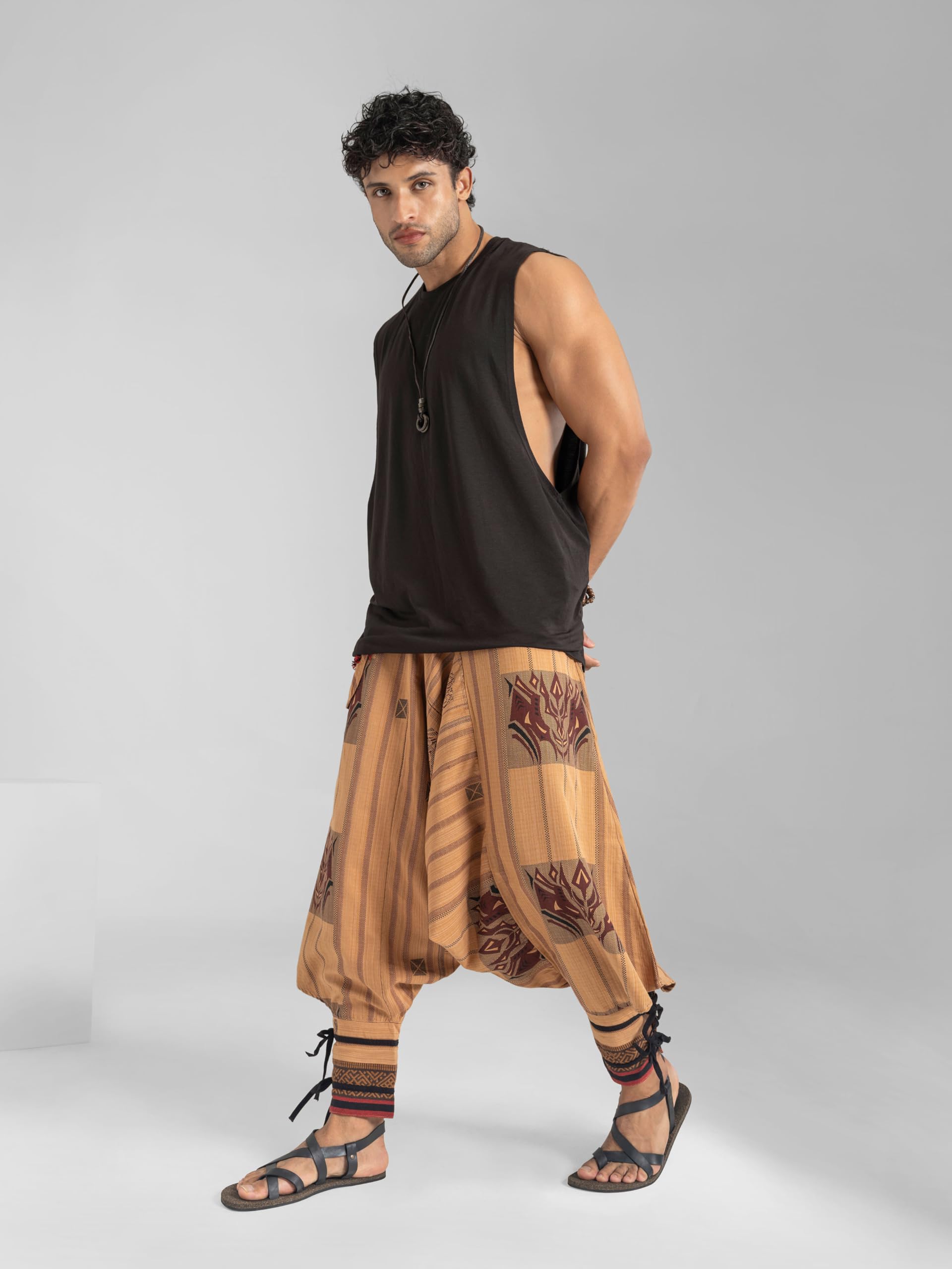The Veshti Company Boho Harem Pants for Men – Low Crotch Tribal Hippie Trousers with Ethnic Detailing – Cotton Yoga Lounge Festival Wear, Beige, Large Size 1