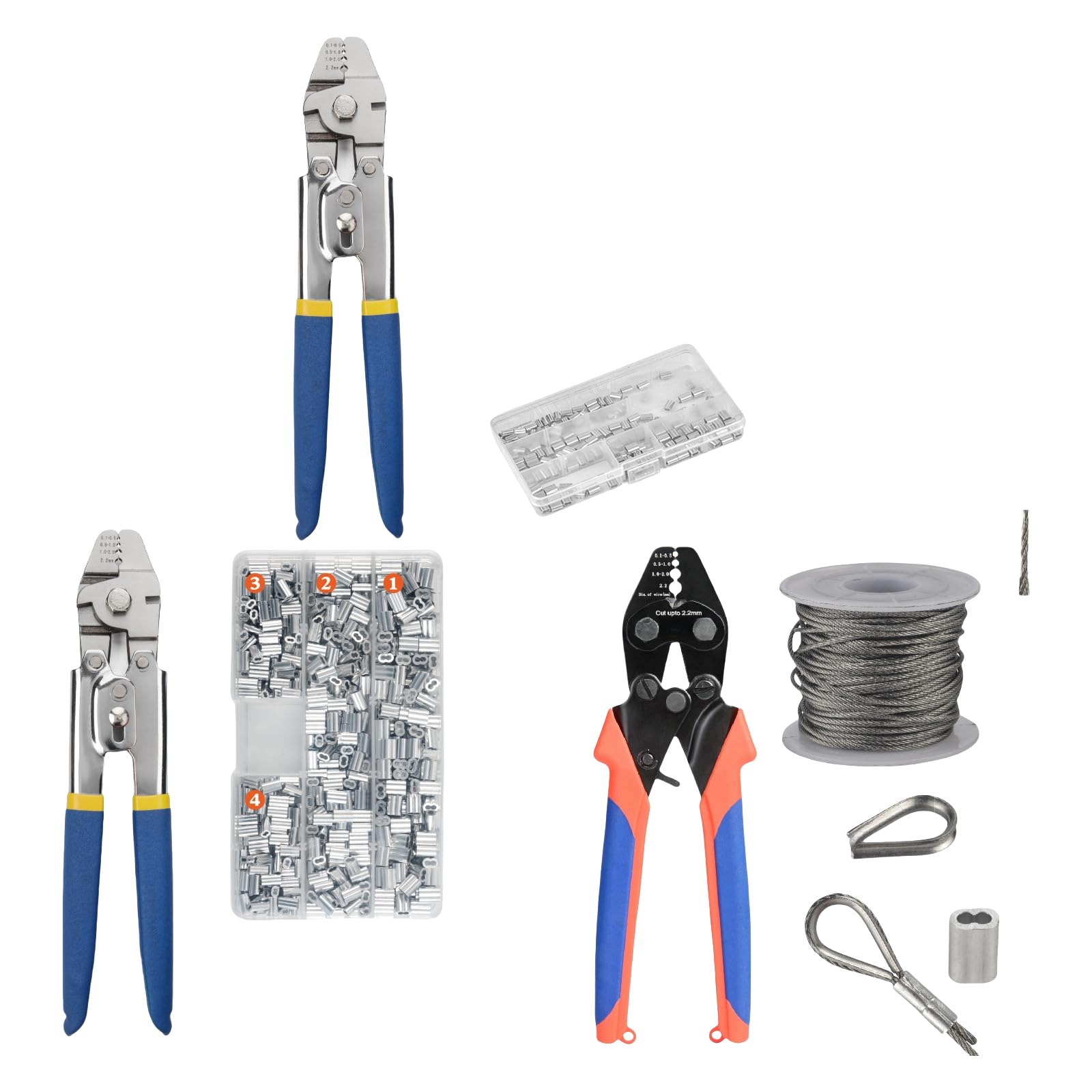 Pinza crimpatrice per funi metalliche, crimpatrice con anelli di crimpatura in alluminio, manicotti e ditali, set di cavi fino a 2,2 mm
