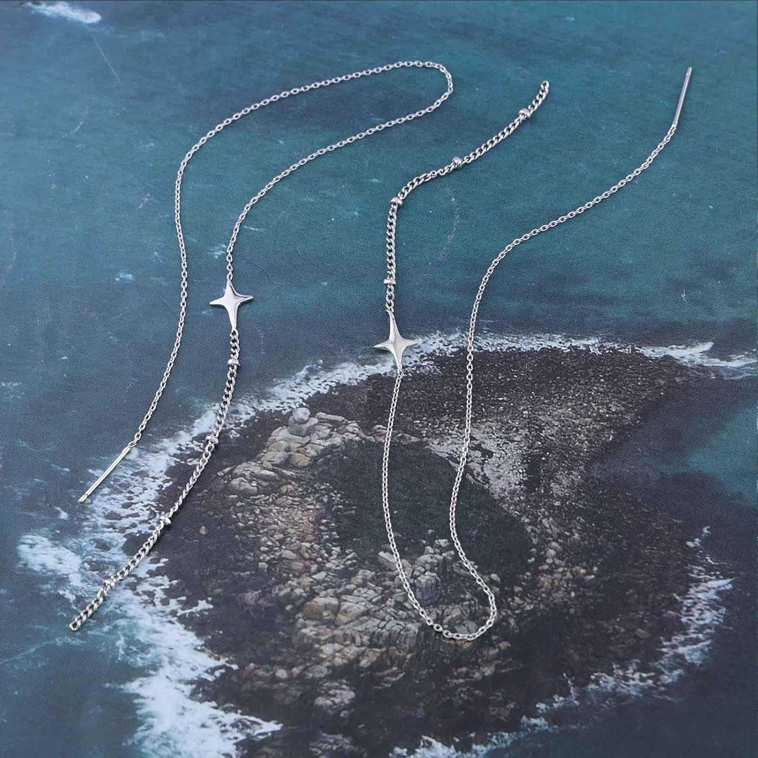 Boho Star Threader Earrings Silver tassel threader drop earrings Star Tassel Chain Dangle Earrings Long Pull Through Earrings Jewelry for Women - Image 7