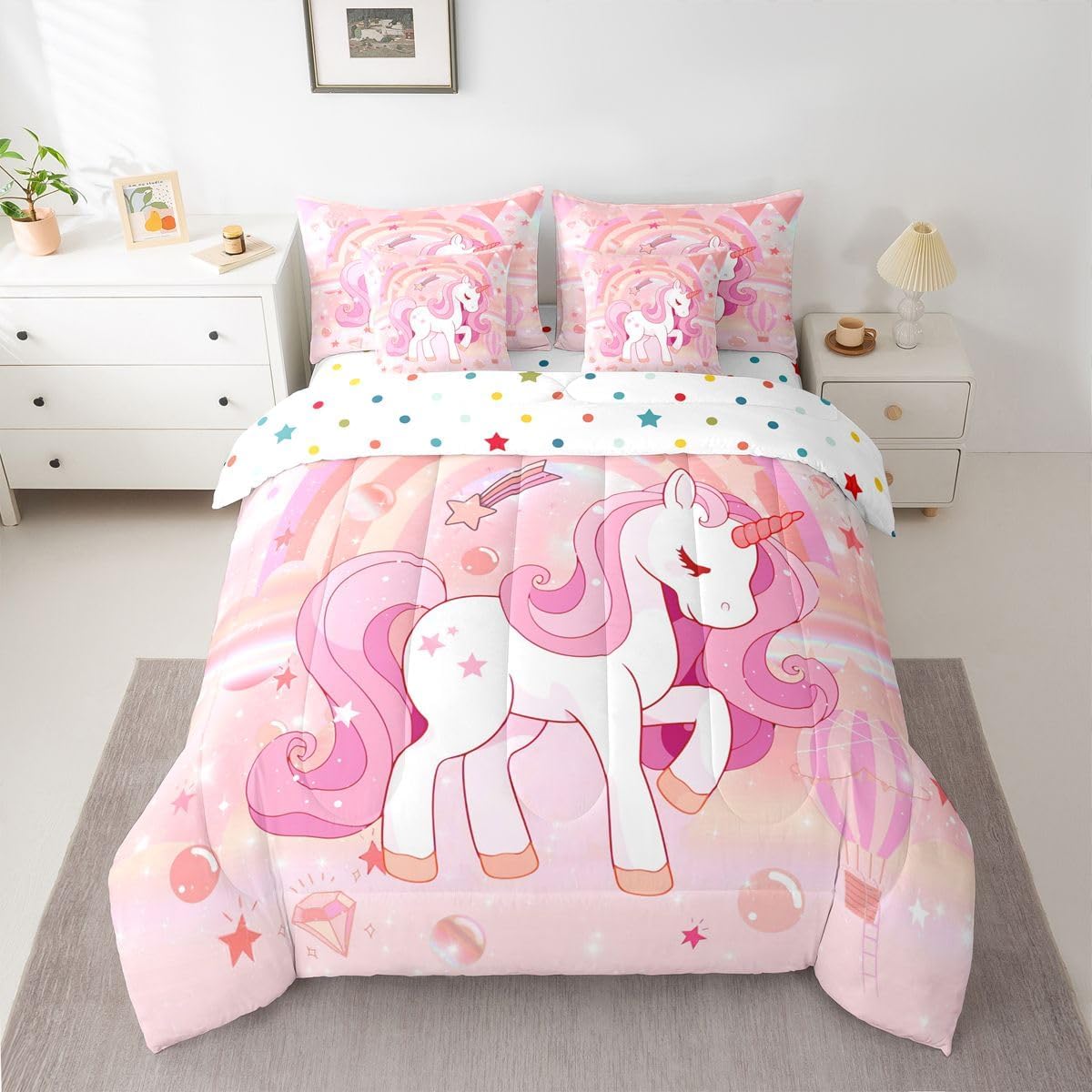 Erosebridal 7 Pcs Comforter Set Full Size,Kawaii Rainbow Unicorn Bed in a Bag with Flat Sheet and Fitted Sheet for Kids Teens Adult,Cartoon Ombre Unicorn Stars Bedding Set with Pillowcase and Sham