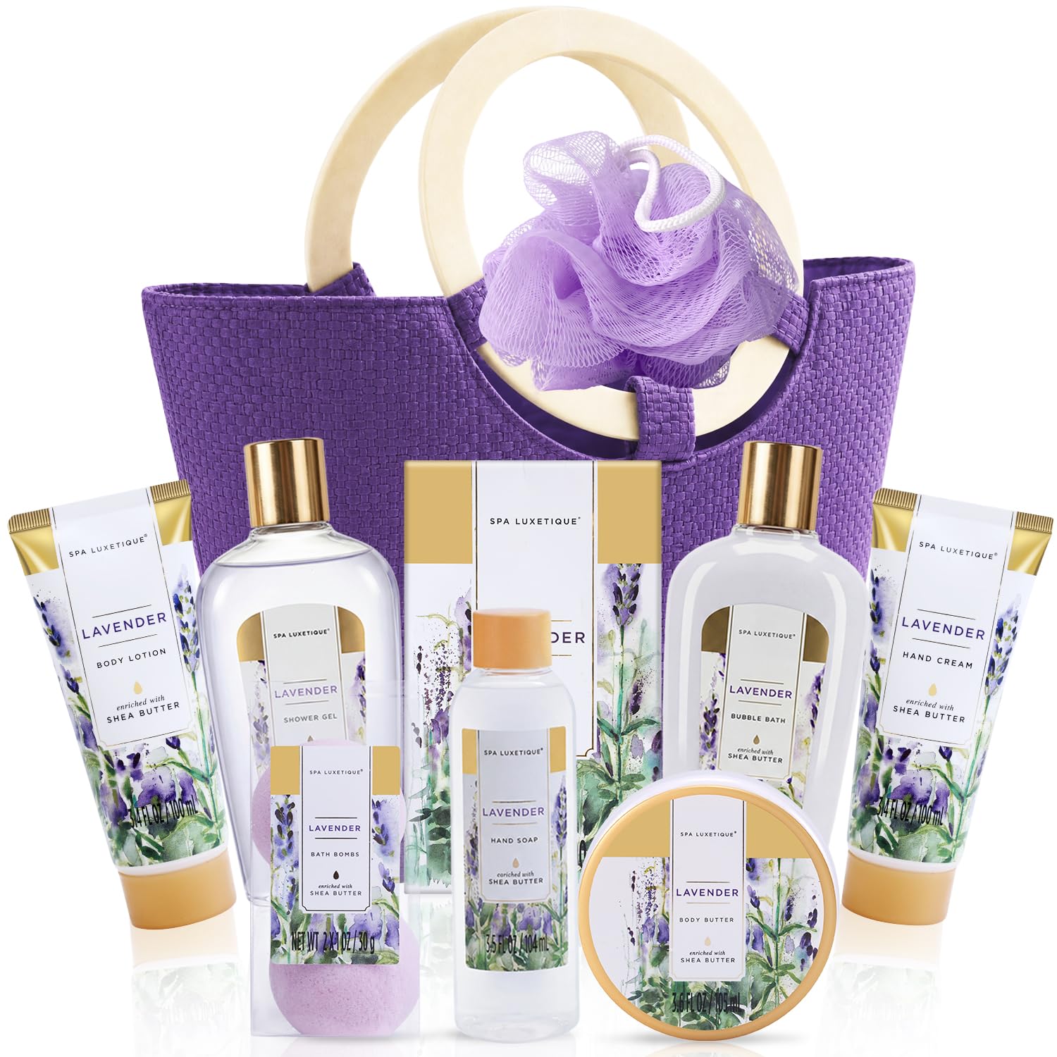 Lavender Spa Gift Baskets for Women, Premium 9Pc Gift Baskets, Deluxe Spa Tote Bag with Wooden Handle, Bath Salt, Hand Soap, Hand Cream, Shower Gel and Moe! Best Holi-image-28