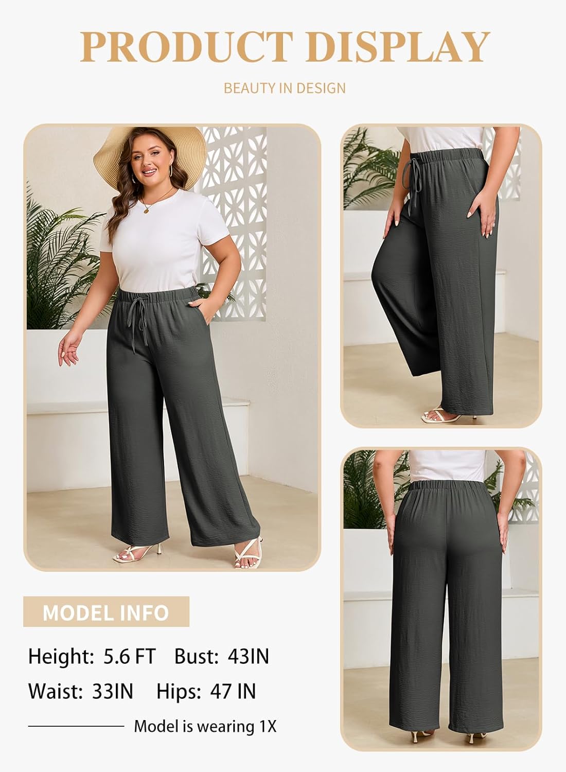 Eytino Womens Plus Size Pants Summer Elastic High Waist Drawstring Casual Loose Wide Leg Trousers Pants with Pockets(1X-5X) - Image 4