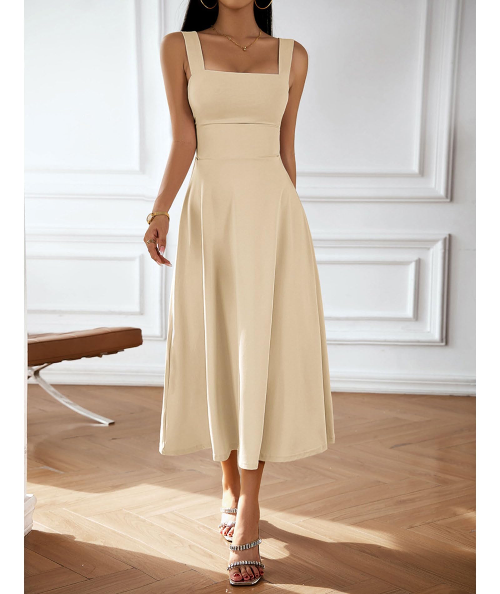xxxiticat Abito da donna elegante midi 2024 casual, senza maniche, scollo quadrato, linea ad A, abito da cocktail