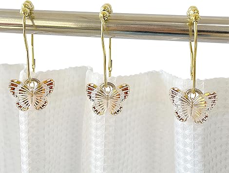 12PCS Gold Decorative Shower Curtain Hooks, Resin Butterfly Shower Curtain Rings for Bathroom, Rust Proof Metal Shower Curtain Hangers Bathroom Accessories