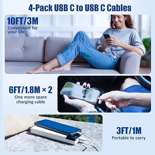 Miniatura 6 de Cable de carga USB C a C, paquete de 4 3+6+6+10 pies cable de carga rápida trenzado, cable de alimentación de 60 W tipo C para iPhone 17 16 15 Pro