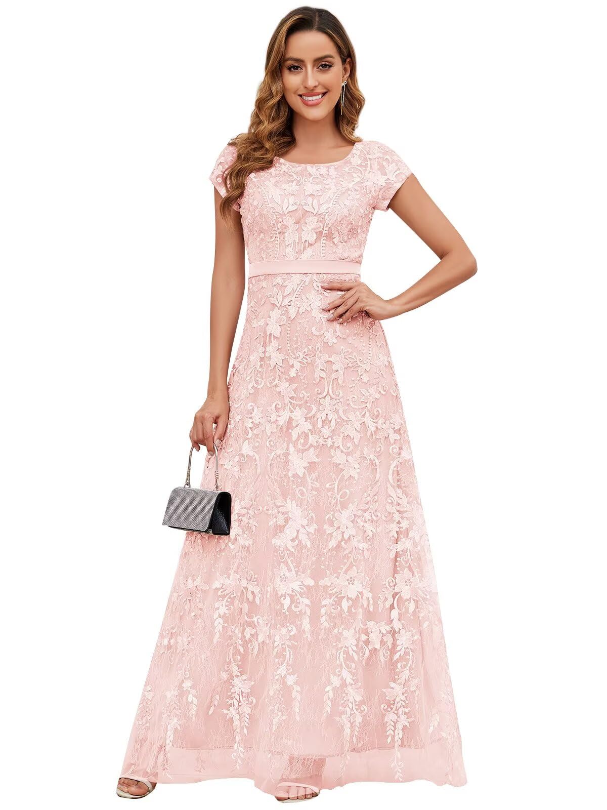 VCCICANY Lace Appliques Mother of The Bride Dresses for Women Short Sleeves A Line Tulle Long Formal Evening Gown Prom Dress