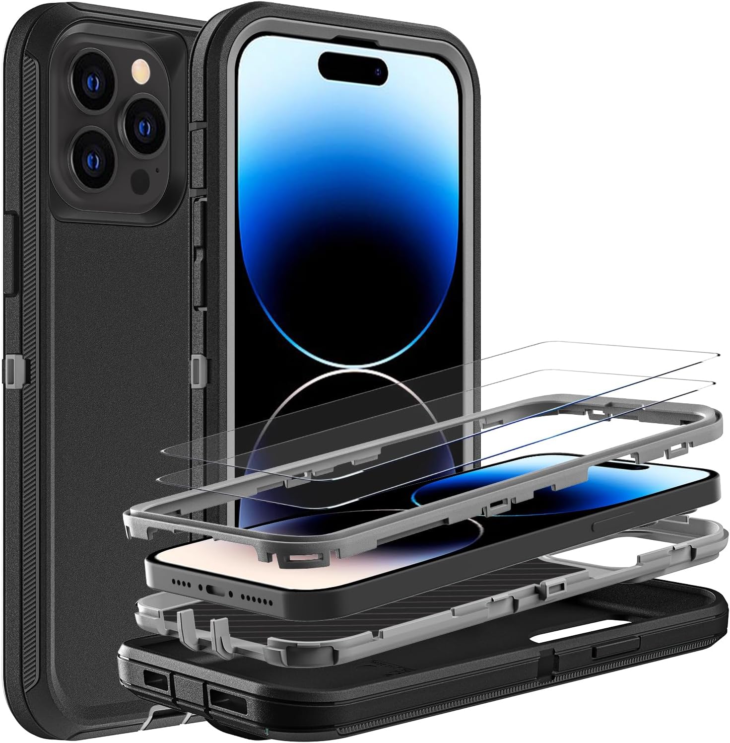 for iPhone 14 Pro Case, Military Grade 3 in 1 Heavy Duty Shockproof/Drop Proof/Dust Proof Case with 2Pcs Tempered Glass Screen Protector (Black/Grey)