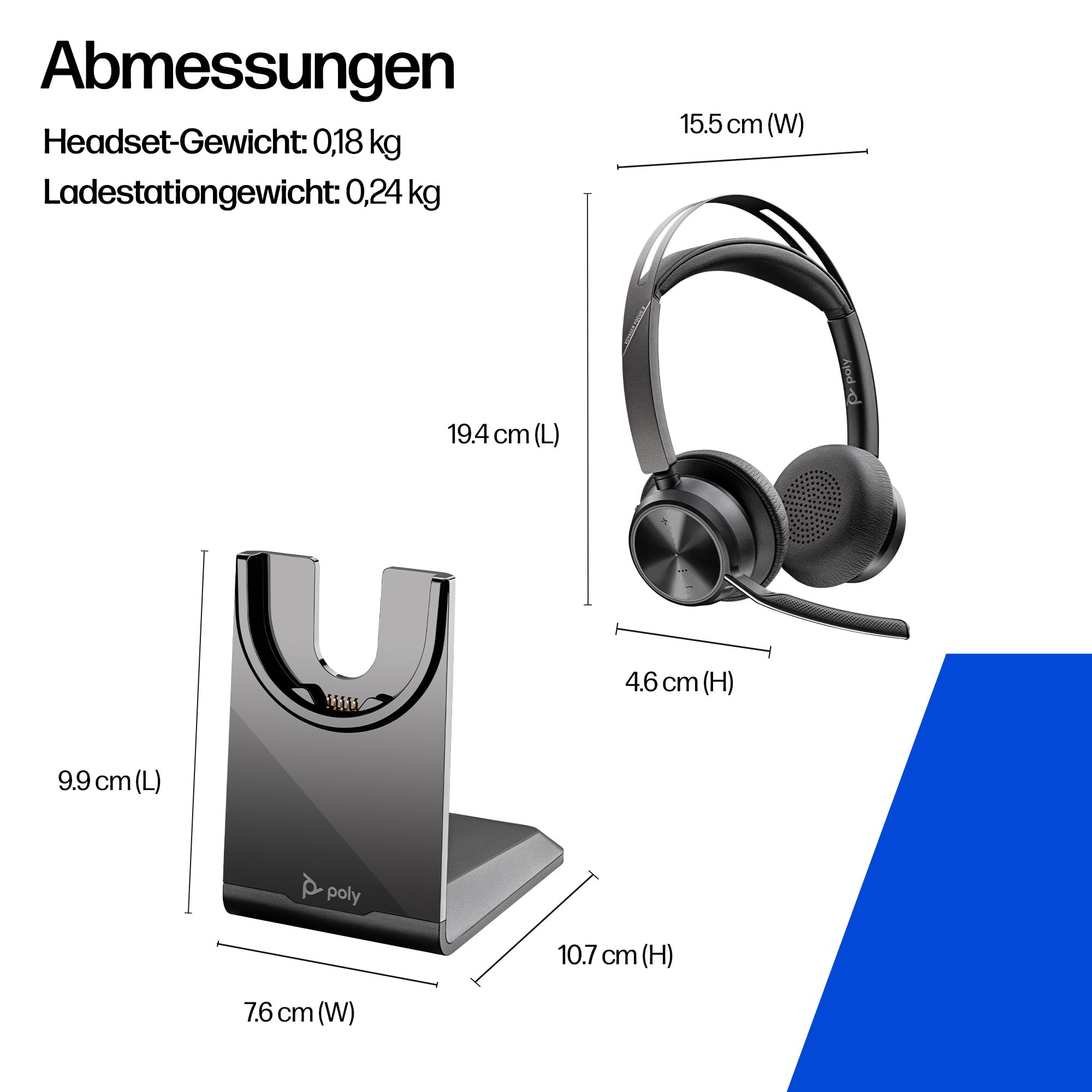 Poly Voyager Focus 2 USB-C Headset mit Ladestation und USB-A/C Adapter – Bluetooth, ANC, Acoustic Fence Technologie, bis zu 25 Stunden Sprechzeit (Generalüberholt)