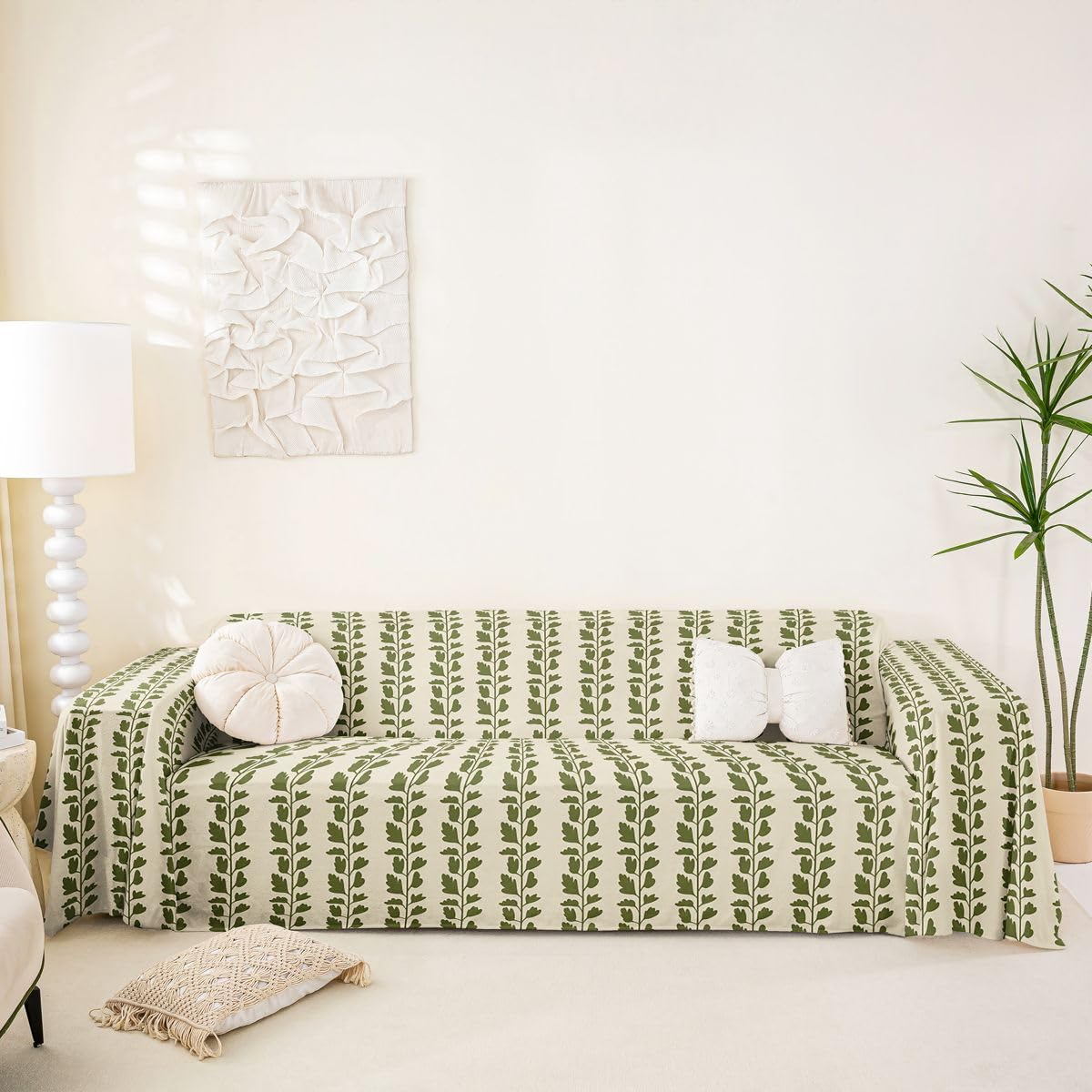 Homewish Boho pokrowiec na kanapę dla zwierząt domowych, botaniczny pokrowiec na kanapę na 2 poduszki, kanapę, sofę, beżowo-zielone, kwiatowe liście, narzuta na sofę, rustykalna narzuta na kanapę, dla