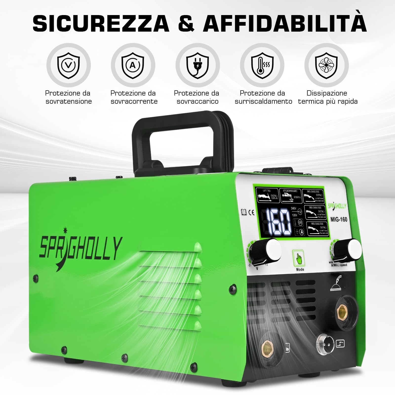 MIG160 Aggiornato Saldatore Inverter IGBT 160 A 230 V, 3 in 1 Flux MIG/MMA/Lift TIG Con Grande Display LED Perfetto per i Principianti