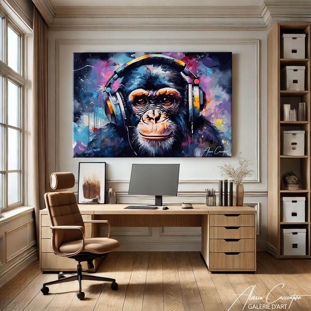 Alessio Cacciatore Tableau Singe Moderne - Cadre Décoration Murale Musique - Toile Décoration Dj - Impression Sur Toile Musique - Tableau Singe Pop Art Avec Cadre - Idee Cadeau Dj (40x30cm)