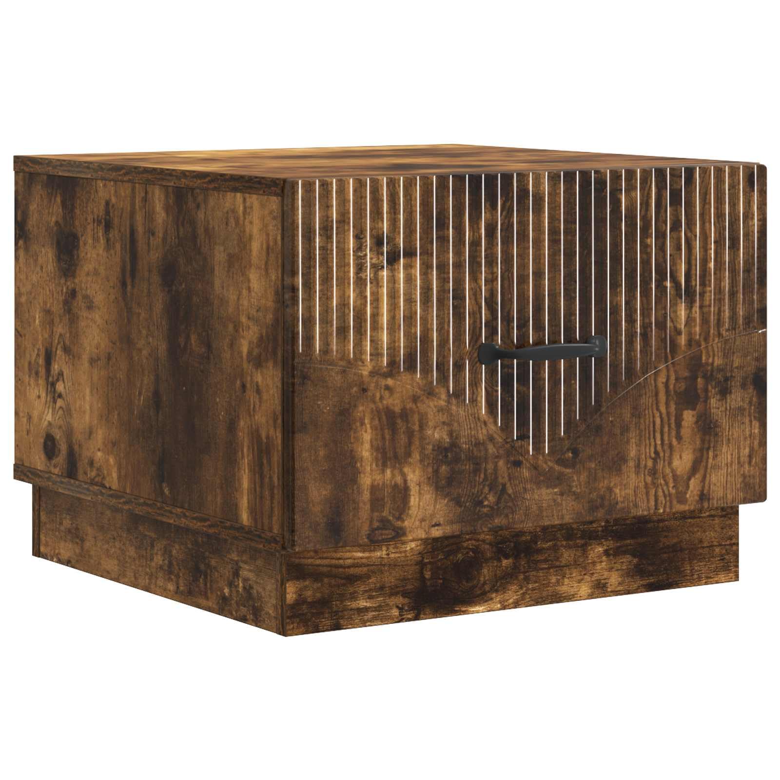Table basse avec tiroir chêne fumé pour un salon vintage cosy