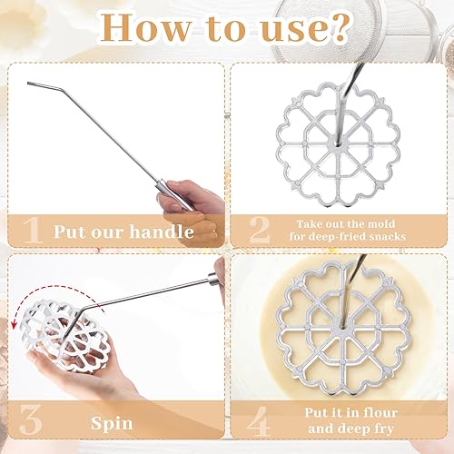 Miniatura 10 de Ziliny Juego de 6 moldes de hierro rosetón, moldes para bunuelos con asa, kit para hacer sellos de cocina, cortadores de galletas, juego de moldes