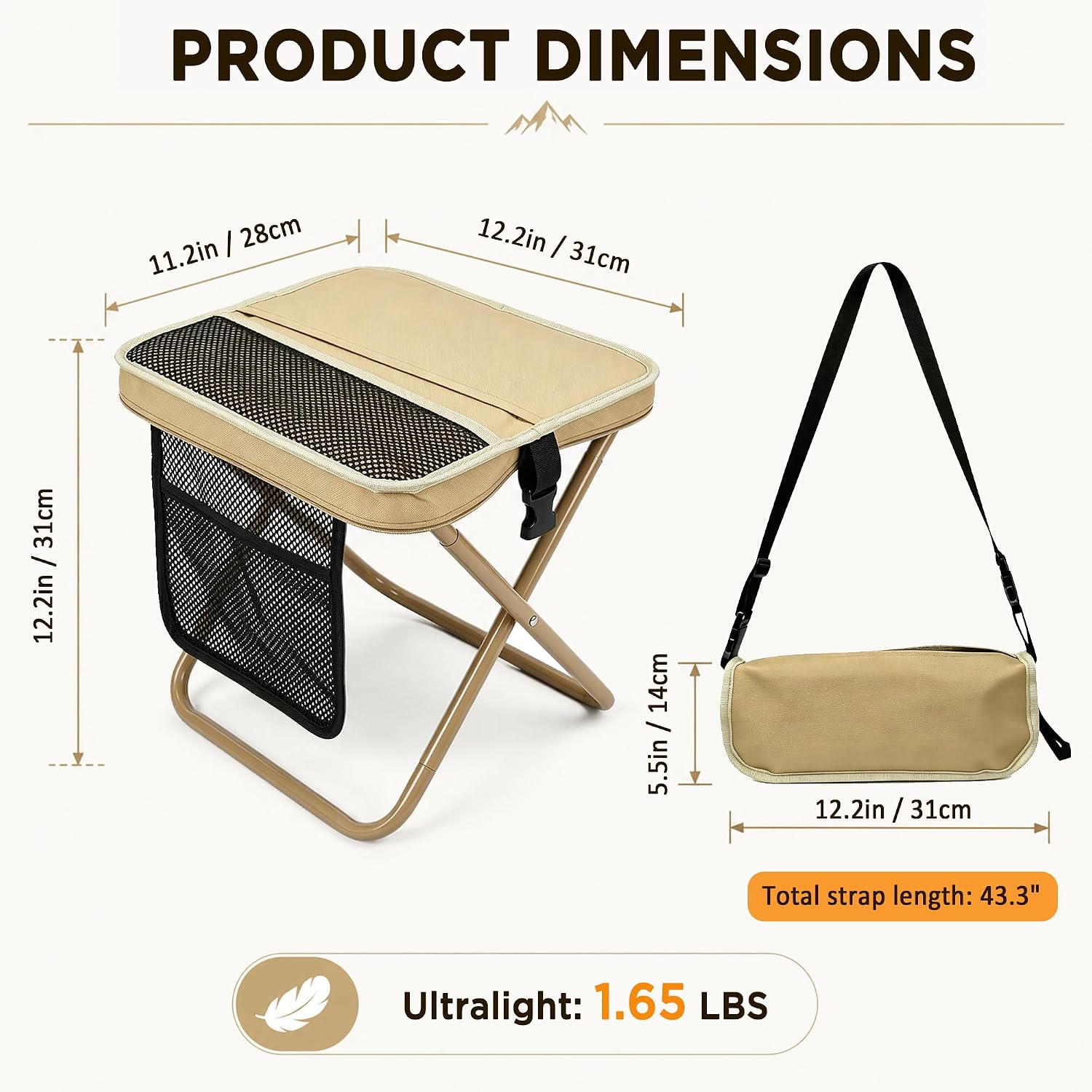 12" Portable Chair for Adults - Ultralight Portable Collapsible Stool, Heavy Duty Camp Backpack Chair with Side 3 Pockets, Folding Camp Stool for Hiking Fishing Camping (Khaki)