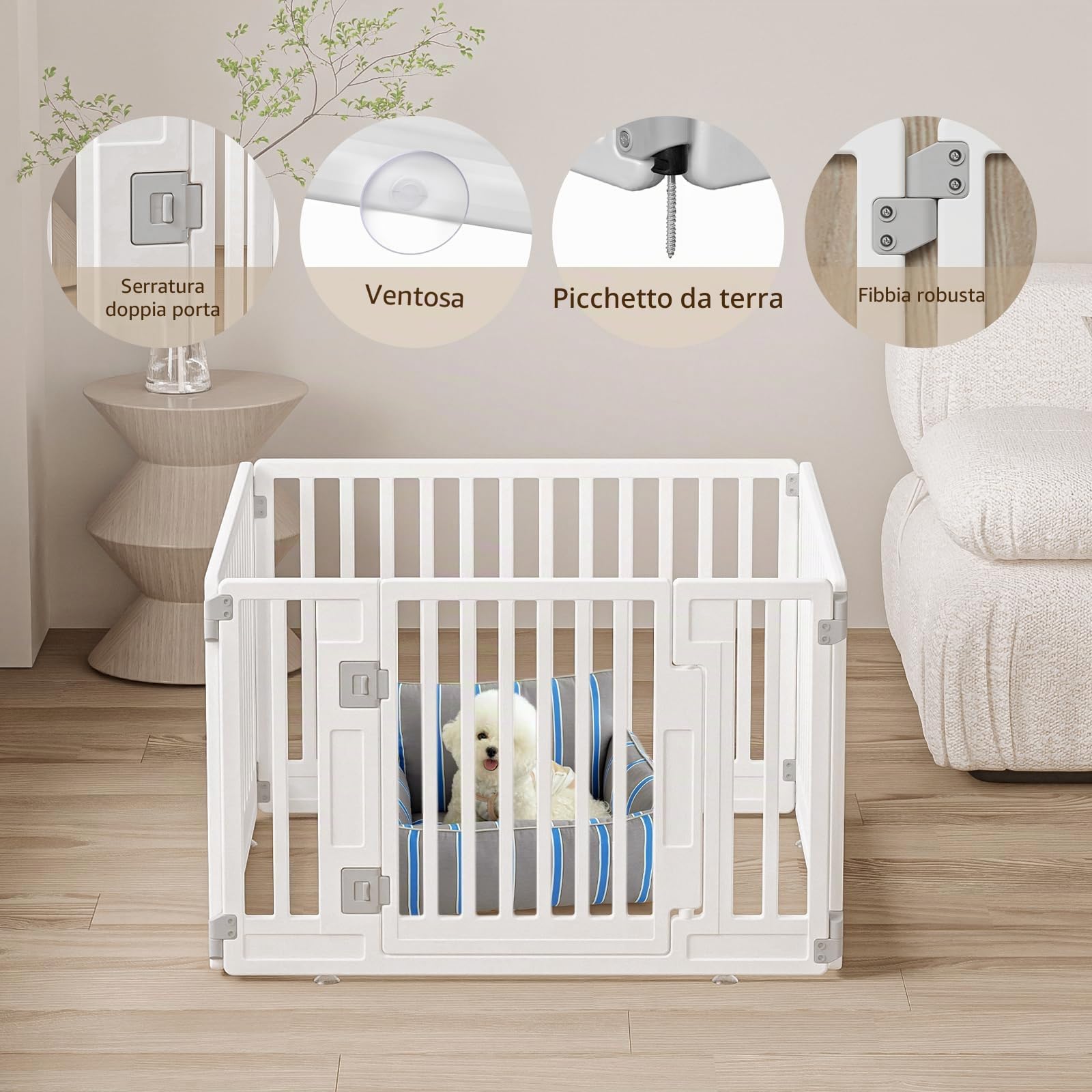 Gupamiga Box per cuccioli, pieghevole, con porta, beccuccio per cuccioli per casa, solido e liscio, facile da installare, bianco 89 x 89 cm