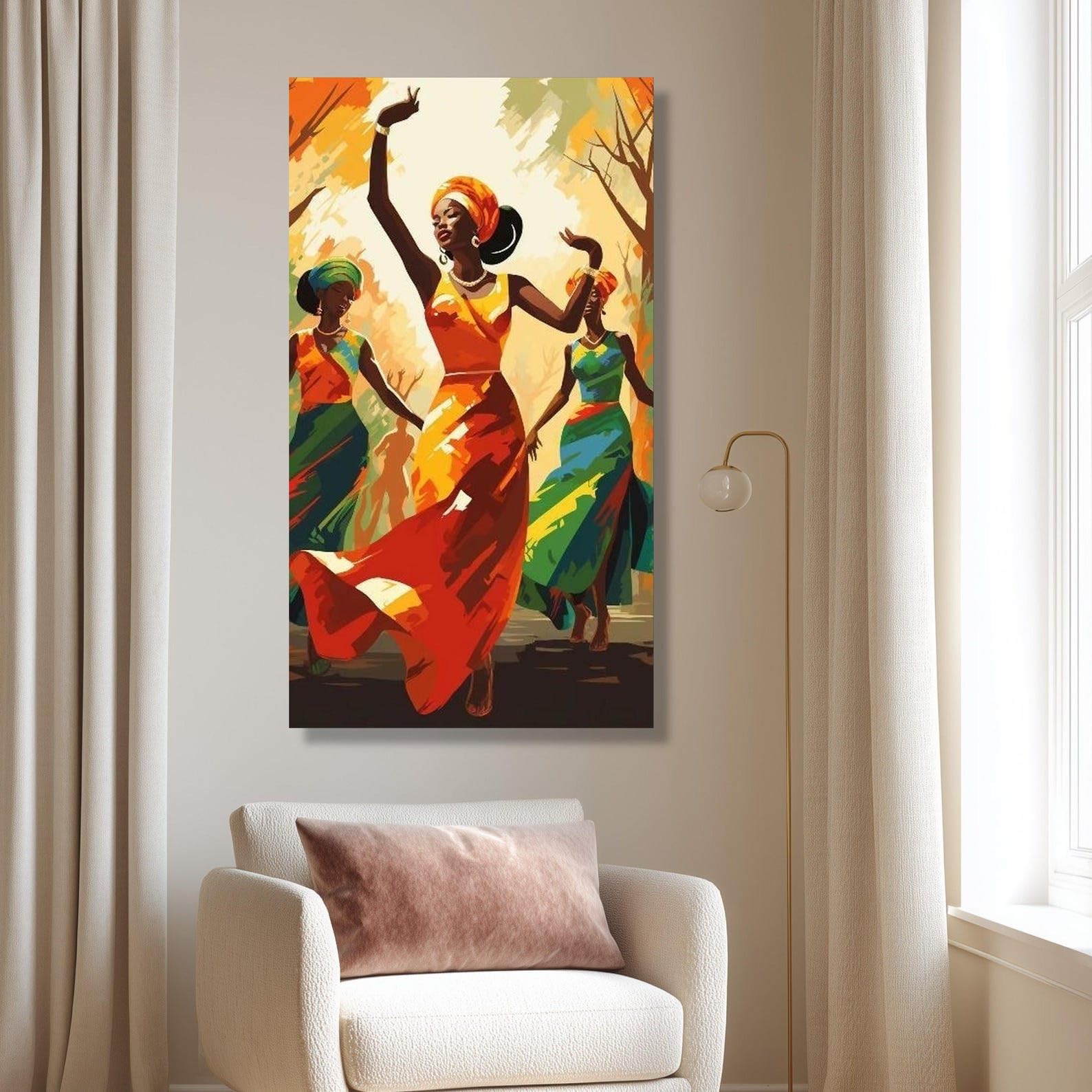LMYCHENG Pintura al óleo de danza africana, siluetas femeninas coloridas, arte mural de cultura étnica, impresión abstracta en lienzo, mural para decoración del hogar (80x150cm/marco interno)