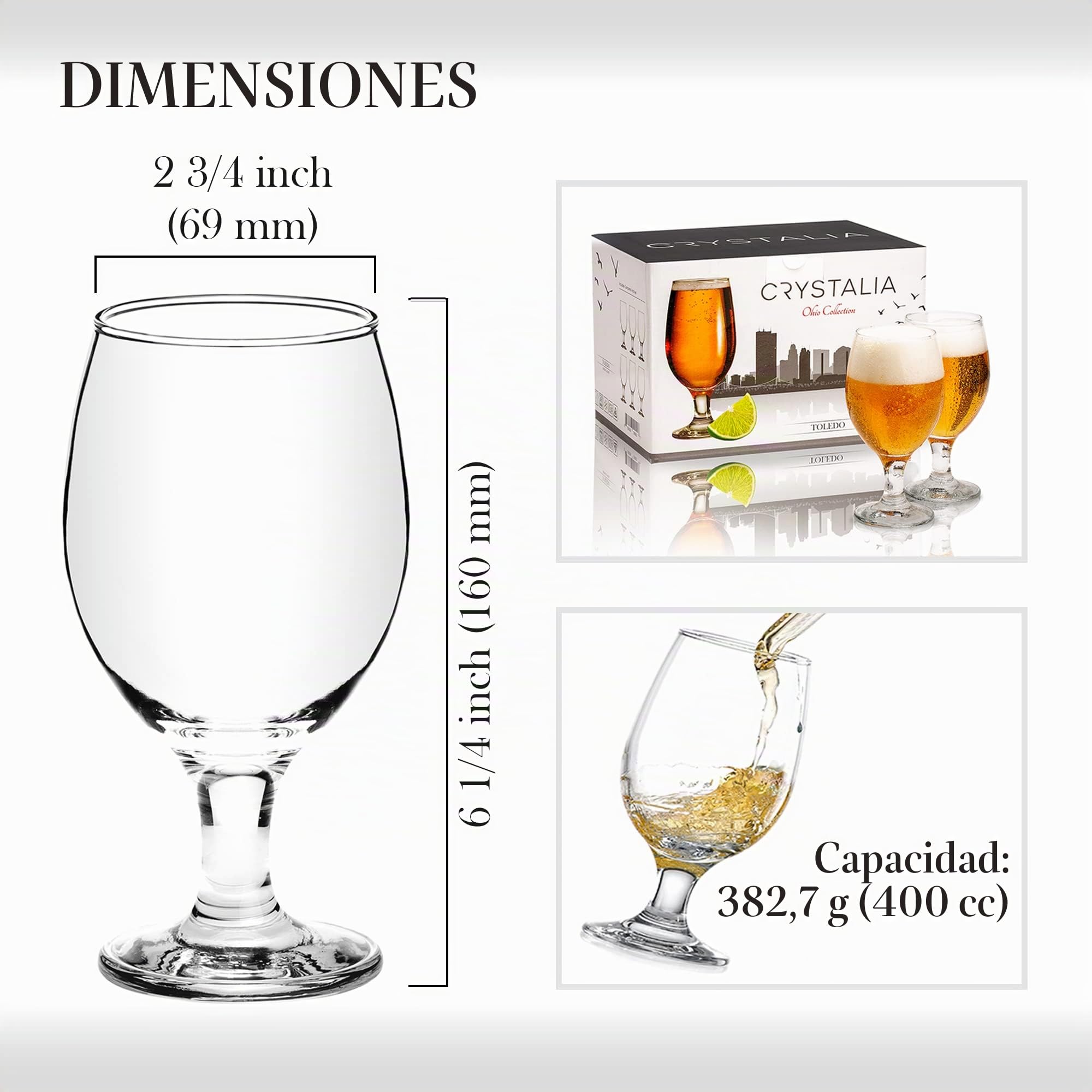CRYSTALIA Copas Cerveza Cristal, Vaso Cerveza Belga Set 6 400ml 100% SIN PLOMO Caliz Cerveza, Copas de Cerveza IPA, Vasos de Cerveza, Copa Cerveza con Tallo, Tulipa Cerveza, Beer Glass