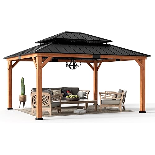 Modern Shade Wood Gazebo 12' x 16', Cedar Wood Grill Gazebo with Double Galvanized Steel Roof, Permanent Hardtop Pavilion with Sturdy Hooks for Patio, Garden, Deck, and Backyard