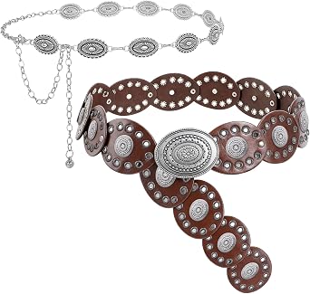 2 Pcs Boho Belt for Women, Western Waist Chain and Leather Belt | Includes Waist Chain and Leather Belt with West Concho Details, Suitable for Dresses, Jeans and Western Styling