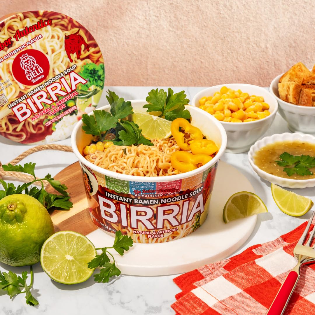 Birria Instant Ramen Noodle Soup, Authentic Mexican BirriaSopa, No Trans Fat, 9g Protein, Ready to Eat 3 Minute Meal, 6-Pack of 2.82oz Spicy Ramen Bowls