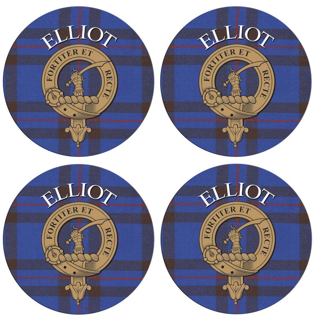 Elliot Scottish Clan Family Name Round Cork Backed Coasters Set of 4