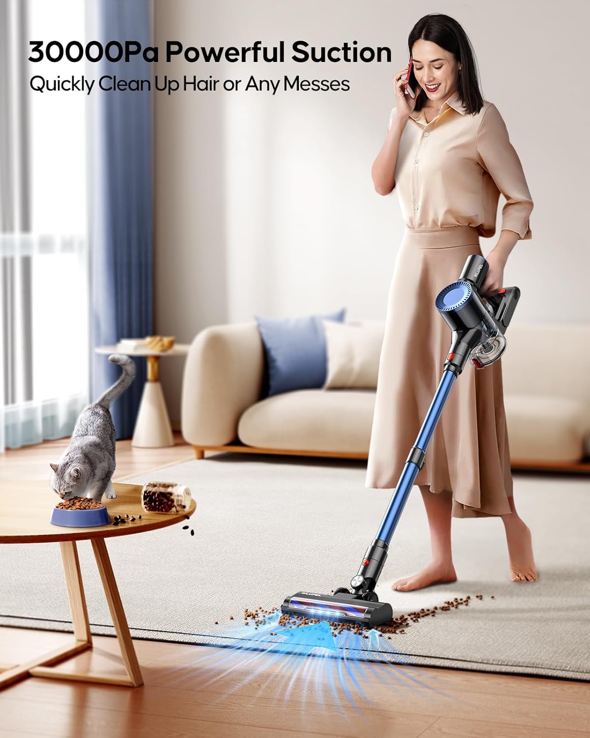 WLUPEL 30KPA 400W Cordless Vacuum Cleaner, Powerful Stick Vacuum with 45Mins Detachable Battery, 80000RMP Lightweight Handheld Vacuum with Adjustable Suction Modes for Hard Floor/Carpet/Pet Hair/Car