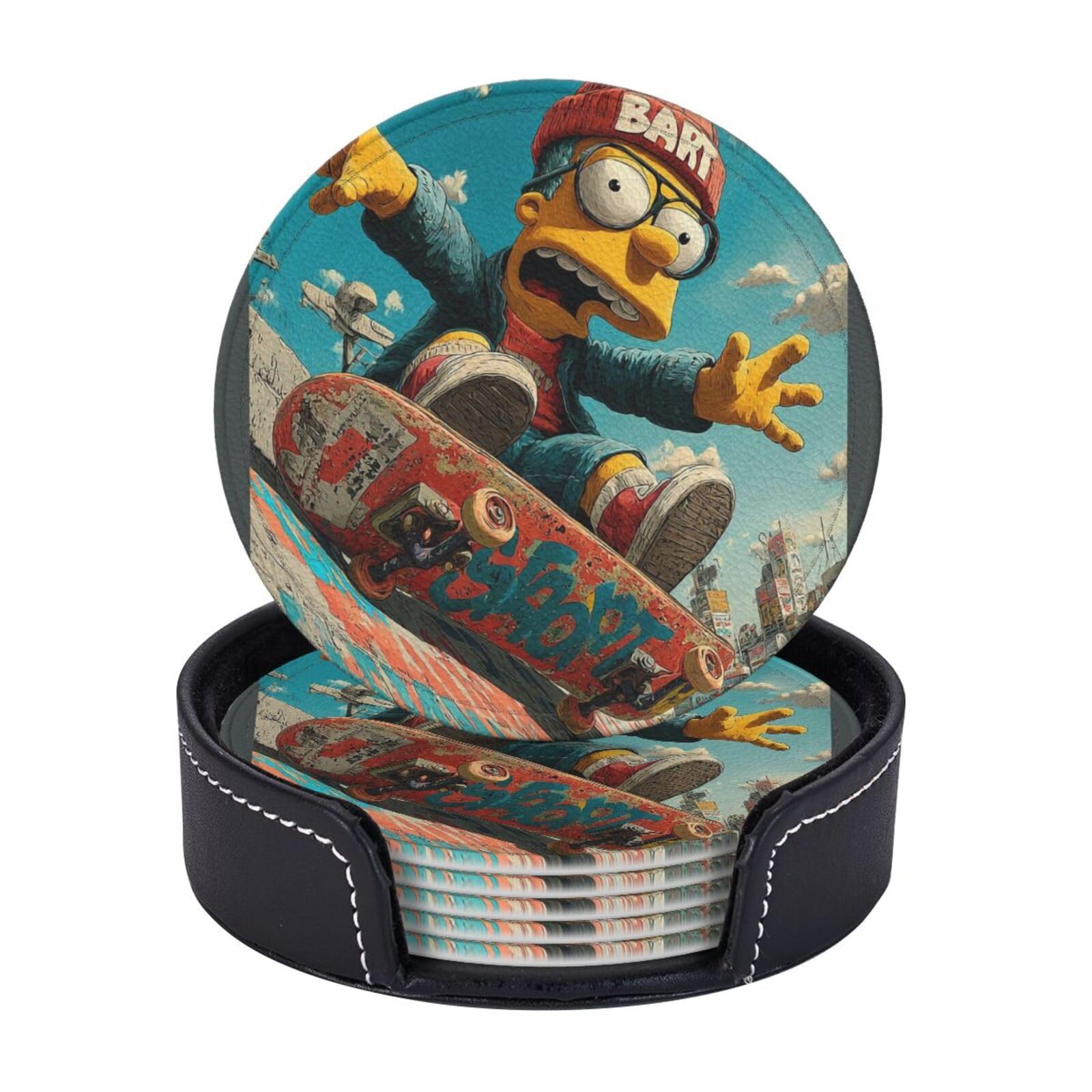 Coasters Set of 6 Leather Drink Coasters with Holder Simpsons Coasters for Drinks Heat Resistant Coaster Round Coffee Cup Mat Pad for Kitchen Office Home Decor