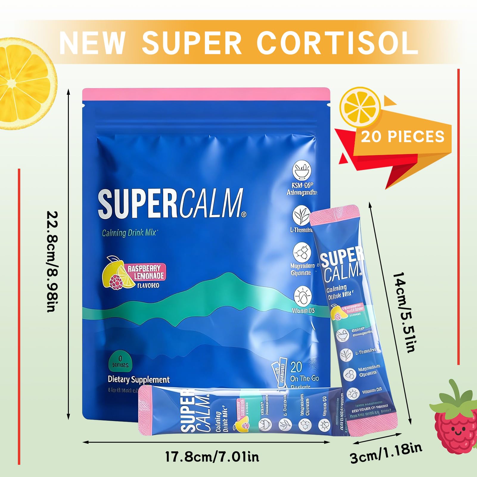 New Super Cortisol - Set di 20 Supercalm Cortisol Super Calm, favorisce il relax e la concentrazione, gusto lampone, senza zucchero, formato nomade, unisex (B)