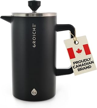 ماكينة صنع القهوة من الفولاذ المقاوم للصدأ GROSCHE Dublin French Press 8 Cup | ماكينة صنع القهوة 34 FL Oz، ماكينة صنع القهوة الفرنسية ذات الجدران المزدوجة المصنوعة من الفولاذ المقاوم للصدأ 18/8 - مشروب ساخن/بارد | ماكينة صنع القهوة الفرنسية المقاومة للصدأ - أسود
