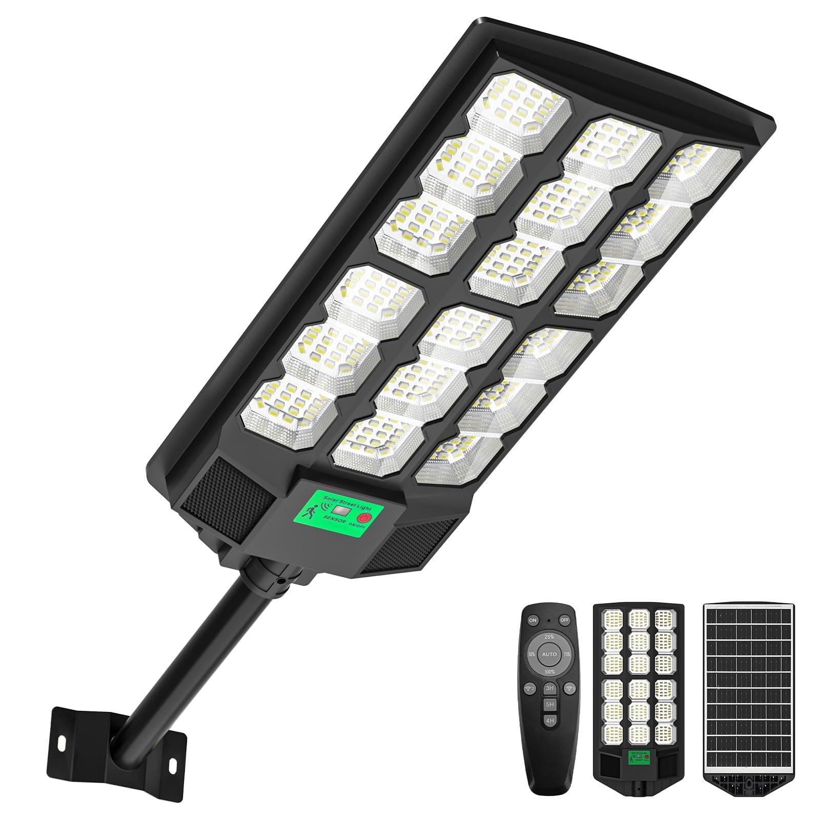 CVCPBU Solar Street Lights Outdoor 12000LM 6500K IP65 Waterproof LED Flood Light with Motion Sensor, Dusk to Dawn Auto-On Security Light for Yard Driveway Parking Lot