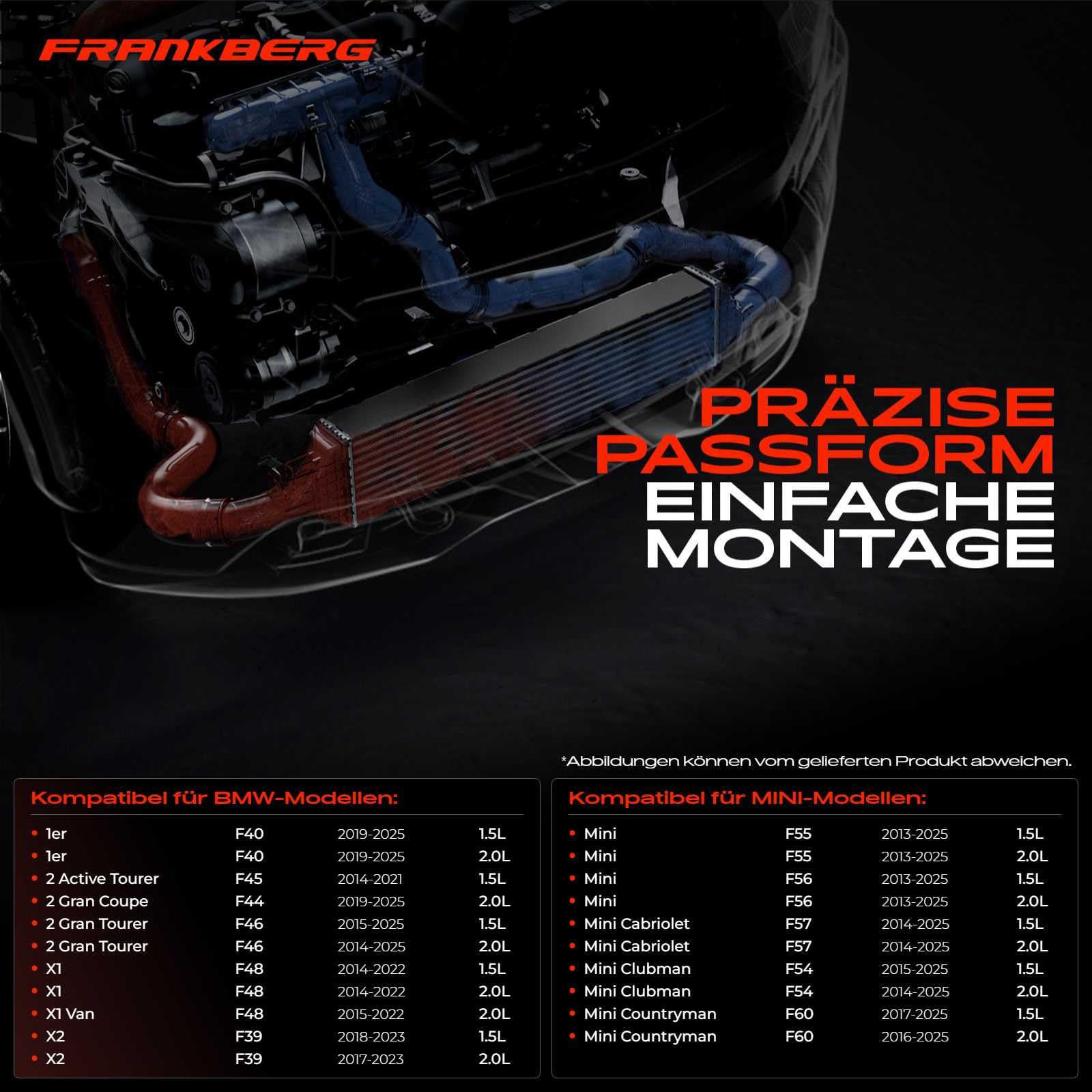 Frankberg Klimatyzator turbosprężarki do ładowania, kompatybilny z 1 F40, 116, 118, 120, 2019, dzisiaj, X1, F48, sDrive16, sDrive18, sDrive20, 2014-Heute M.i.n.i F55 Cooper One 2013-Dzisiaj