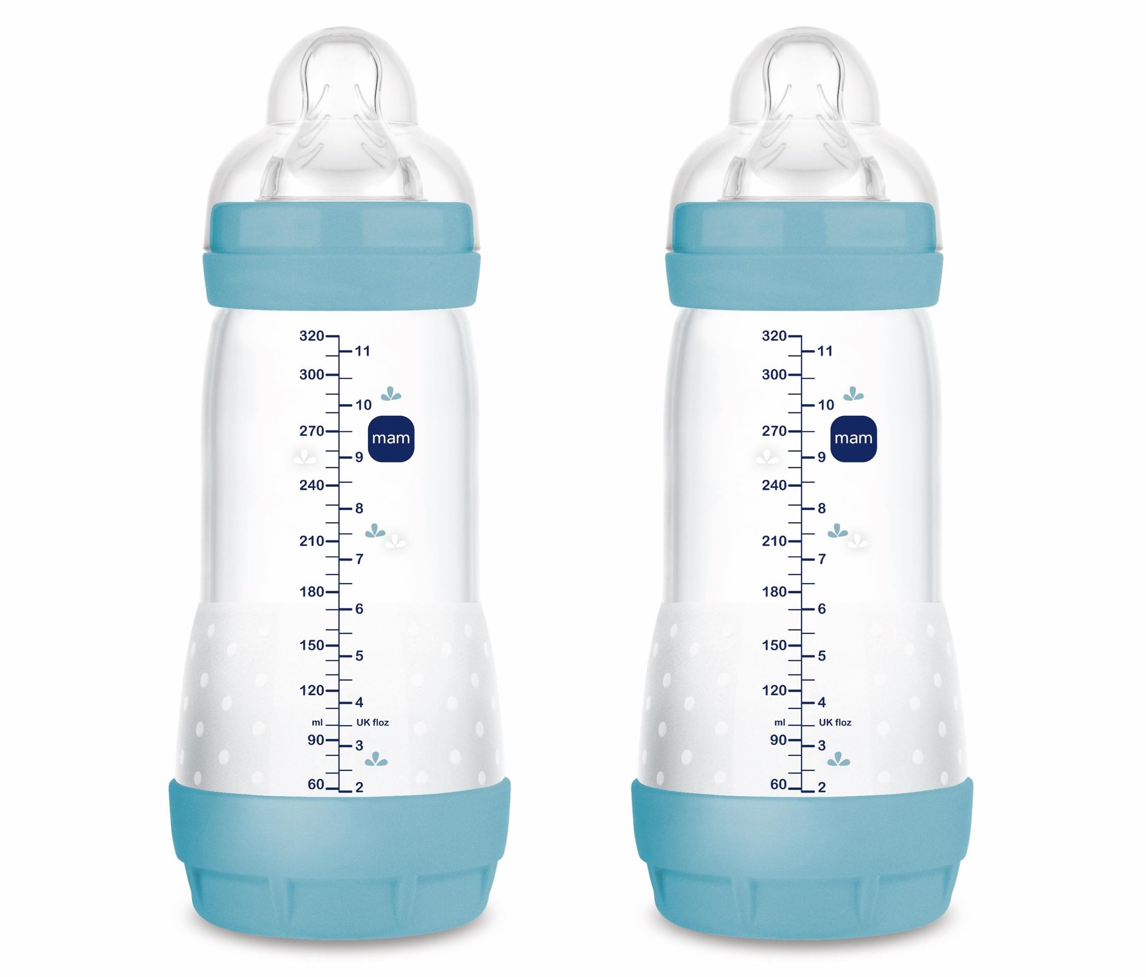 MAM Pack 2 Biberones Anticólicos, a partir de 4 Meses, 320ml, con Tetina 3 Flujo Rápido de Fácil Aceptación, Autoesterilizable y Fácil de Limpiar, MAM Easy Start Anti-Colic, Azul Mate, Pack de 2uds