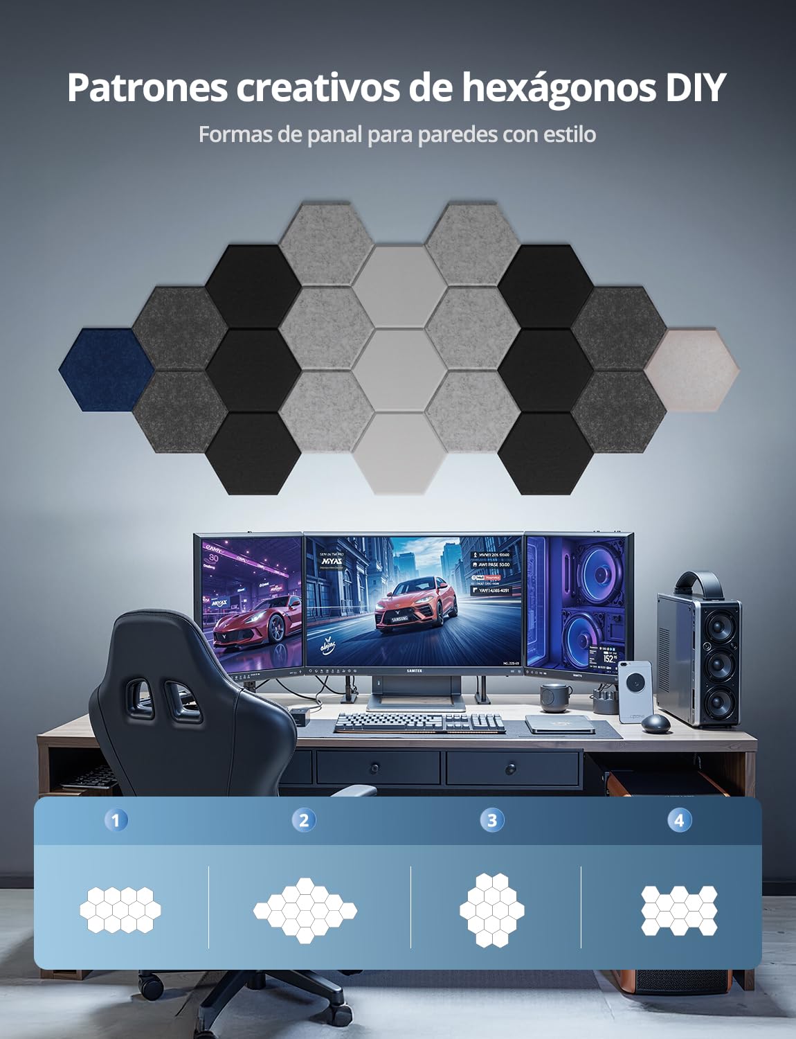 Kuchoow Paneles Acusticos Hexagonales Pared Autoadhesivo, Bundle 12 piezas Gris oscuro y 12 piezas Gris