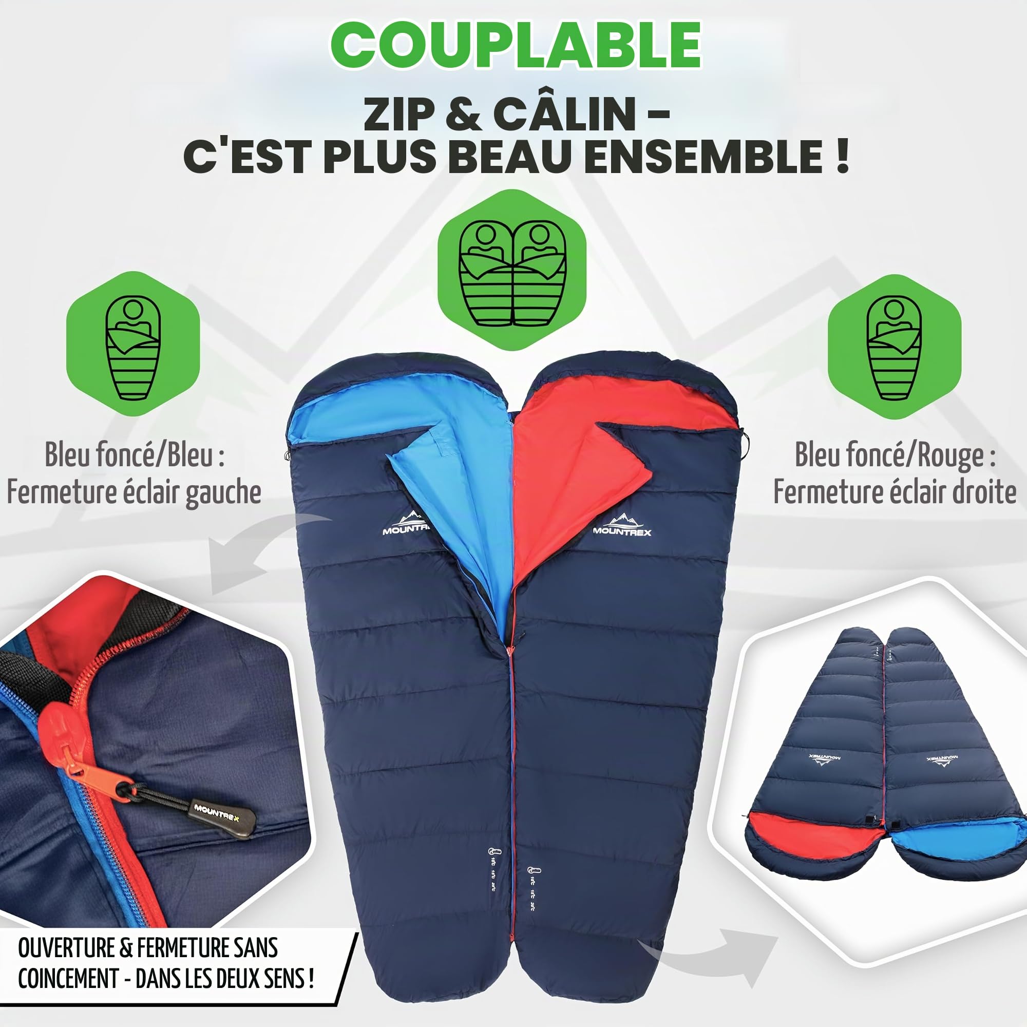 MOUNTREX® Sac de couchage, petit encombrement et ultra léger (760 g/1500 g) – Sac de couchage d'été pour l'extérieur (100 g/m²)/3 à 4 saisons (300 g/m²), sac de couchage sarcophage – Camping, voyage,