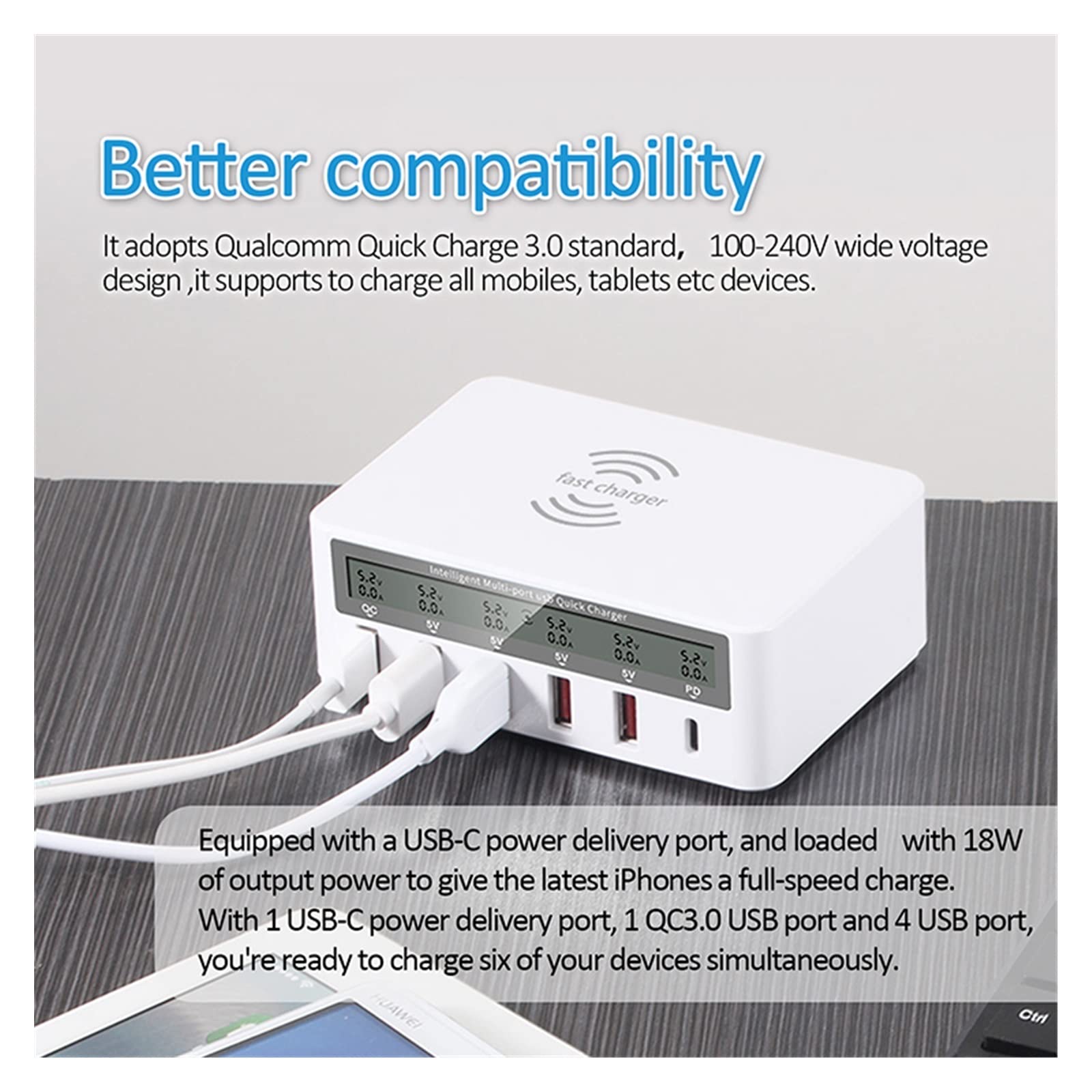 Chargeur USB, Station de charge USB 40 W, 6 ports USB rapides for station d'accueil, chargeur sans fil, organiseur de chargeur multi-appareils for téléphones, tablettes, smartphones(White wireless)