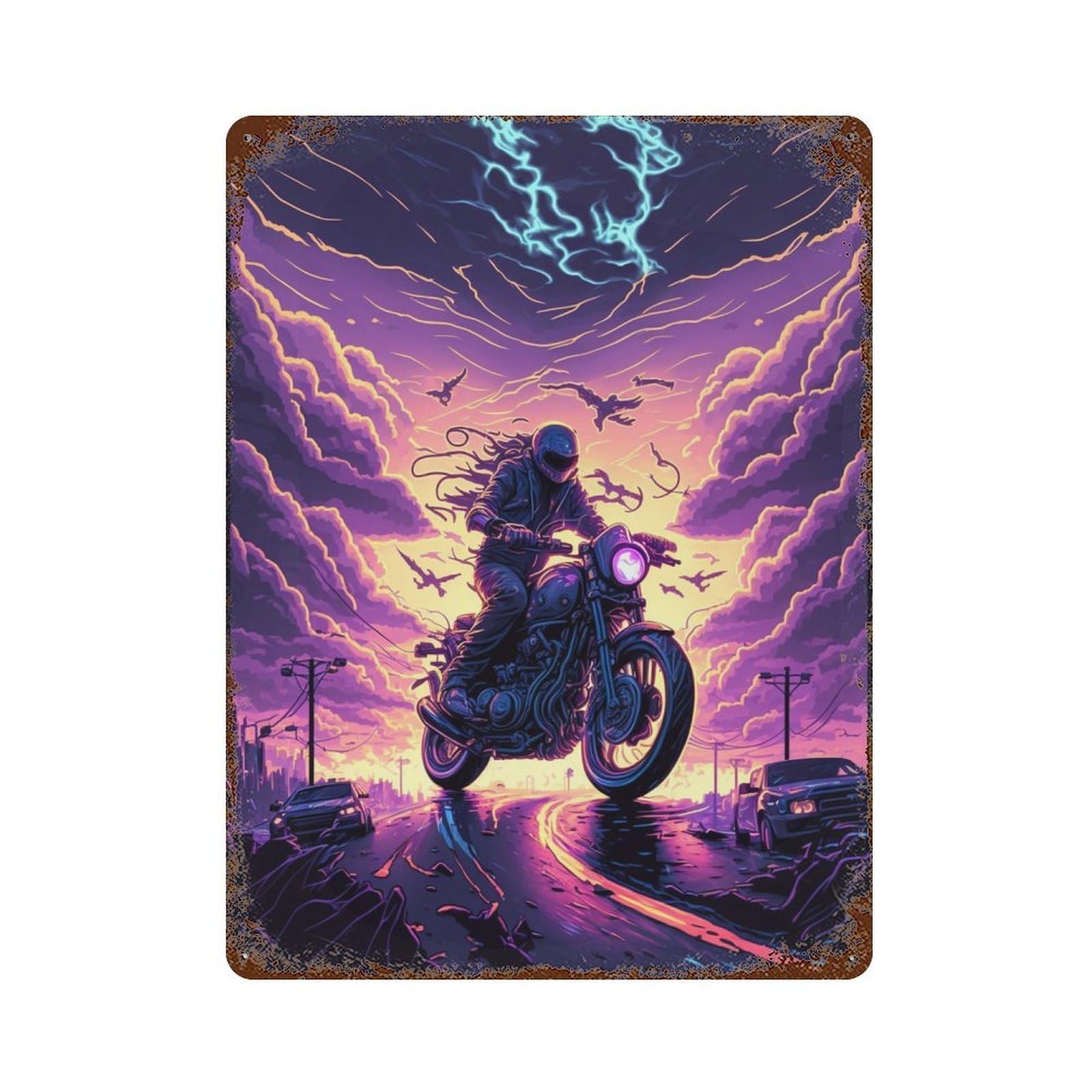 Thundering Motorcycle Ride 15.7"x11.8" Weathered Tin Sign, Shabby Chic Decor for Cafe, Home Bar And Lounge Decor