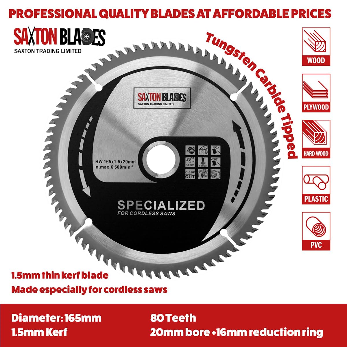Saxton TCT165MXD - Lama per sega circolare senza fili, 165 mm, in TCT, sottile, confezione D