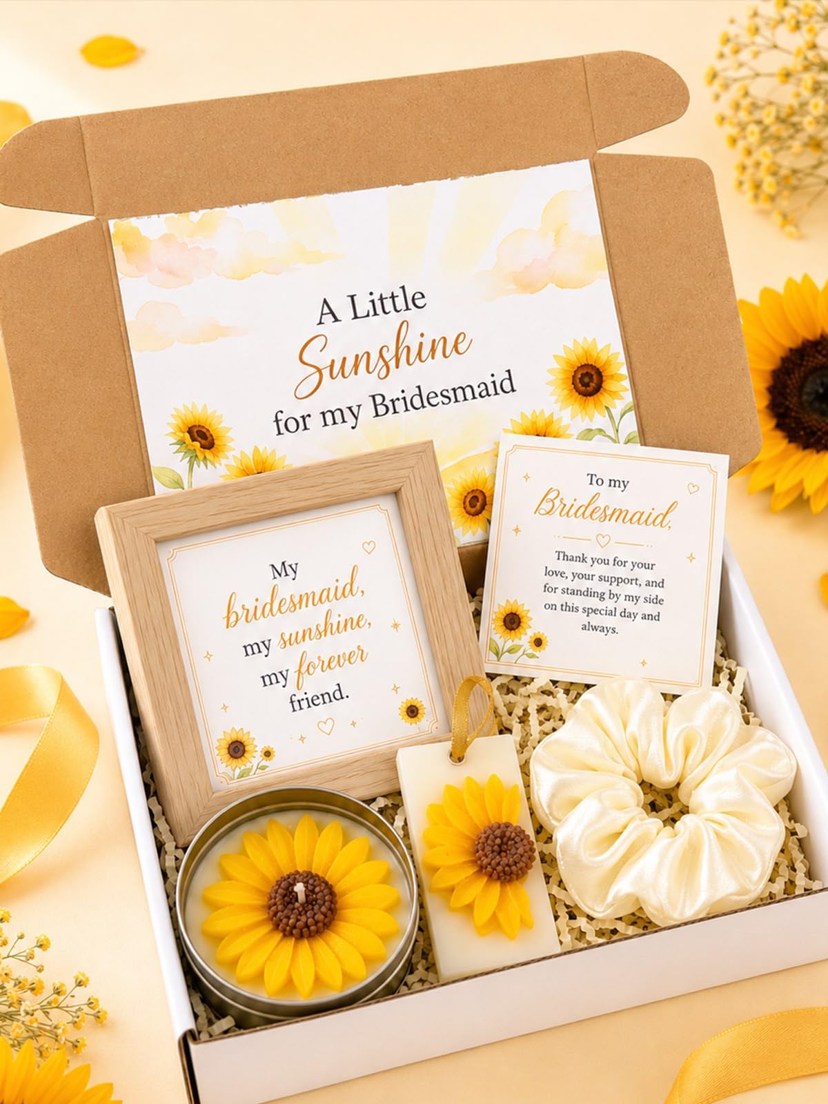 Gift Box Set for Bridesmaid Sunflower Scented Candle, Wooden Framed Sign, Wax Melt, Scrunchie, and Card Hamper, Will You Be My Bridesmaid Thank You Gift Basket for Wedding Party-image-20