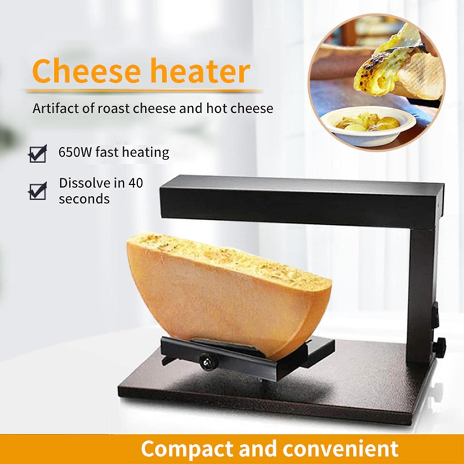 Commercial Raclette Grill Machine, 650W Table Top Cheese Melter with Adjustable Grill, Half Wheel Cheese Heater for Burger, Nacho, Pasta & Vegetables