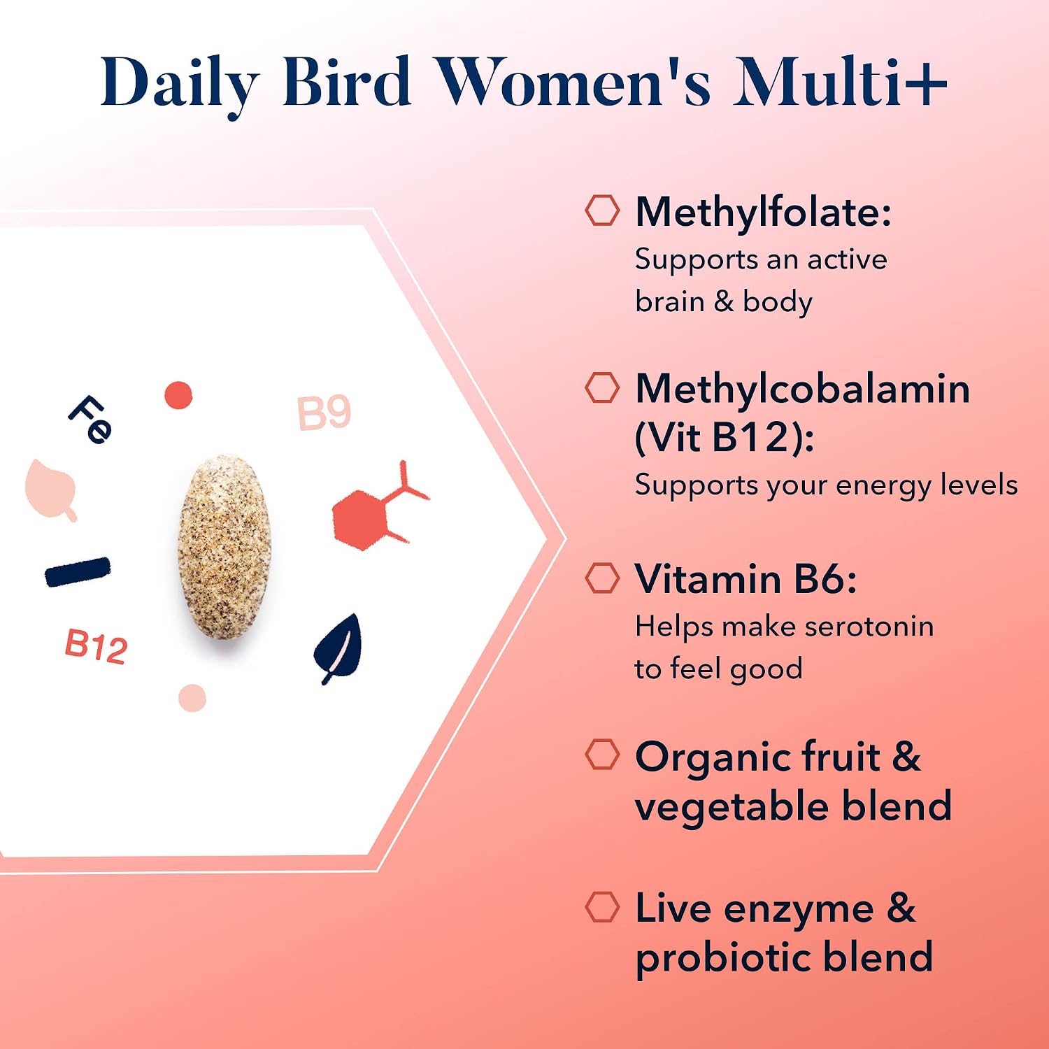 Best Nest Wellness Daily Bird Women's Multi+, Methylfolate, Methylcobalamin (B12), Vegan Multivitamins, Probiotics, Natural Whole Food Organic Blend, Once Daily Multivitamin, Immune Support, 30 Ct