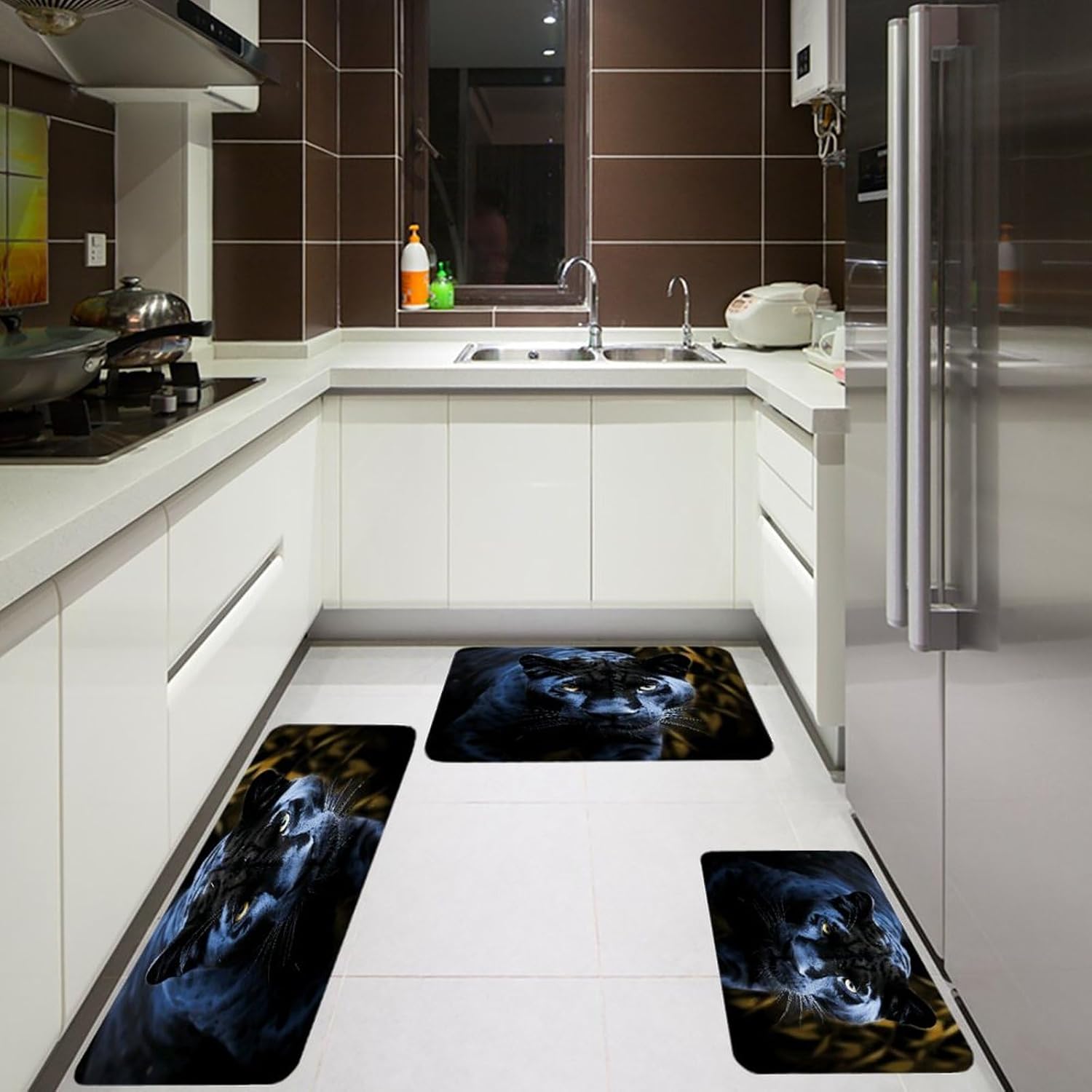 Panther with Blue Eyes Kitchen Rugs Sets of 3 Non Slip Kitchen Mats for Floor Farmhouse Kitchen Sink Mat Thick Comfort Standing Mat for Laundry Room Hallway Bathroom