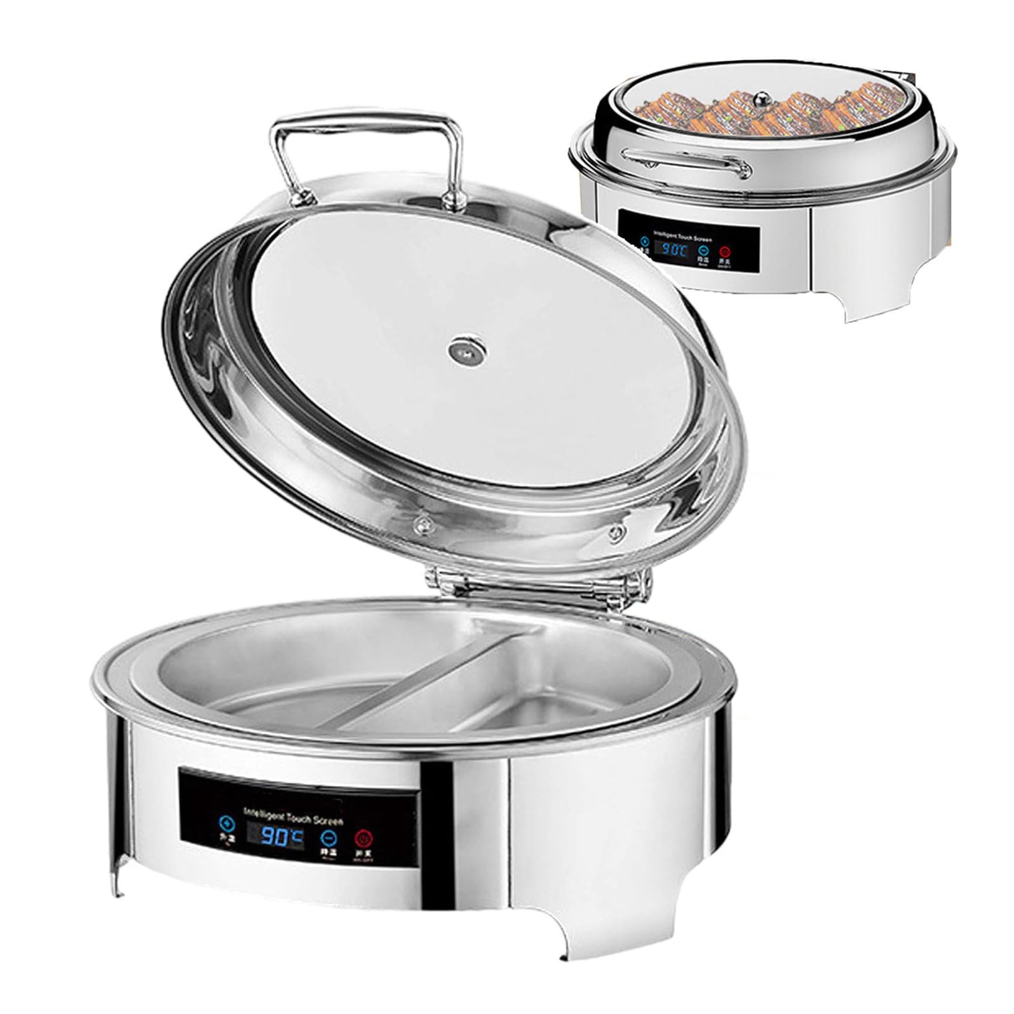 Scaldavivande elettrico per buffet, in acciaio inossidabile, intervallo di temperatura 45-90 ℃, design a 2 griglie, coperchio trasparente, facile da pulire, ideale per feste