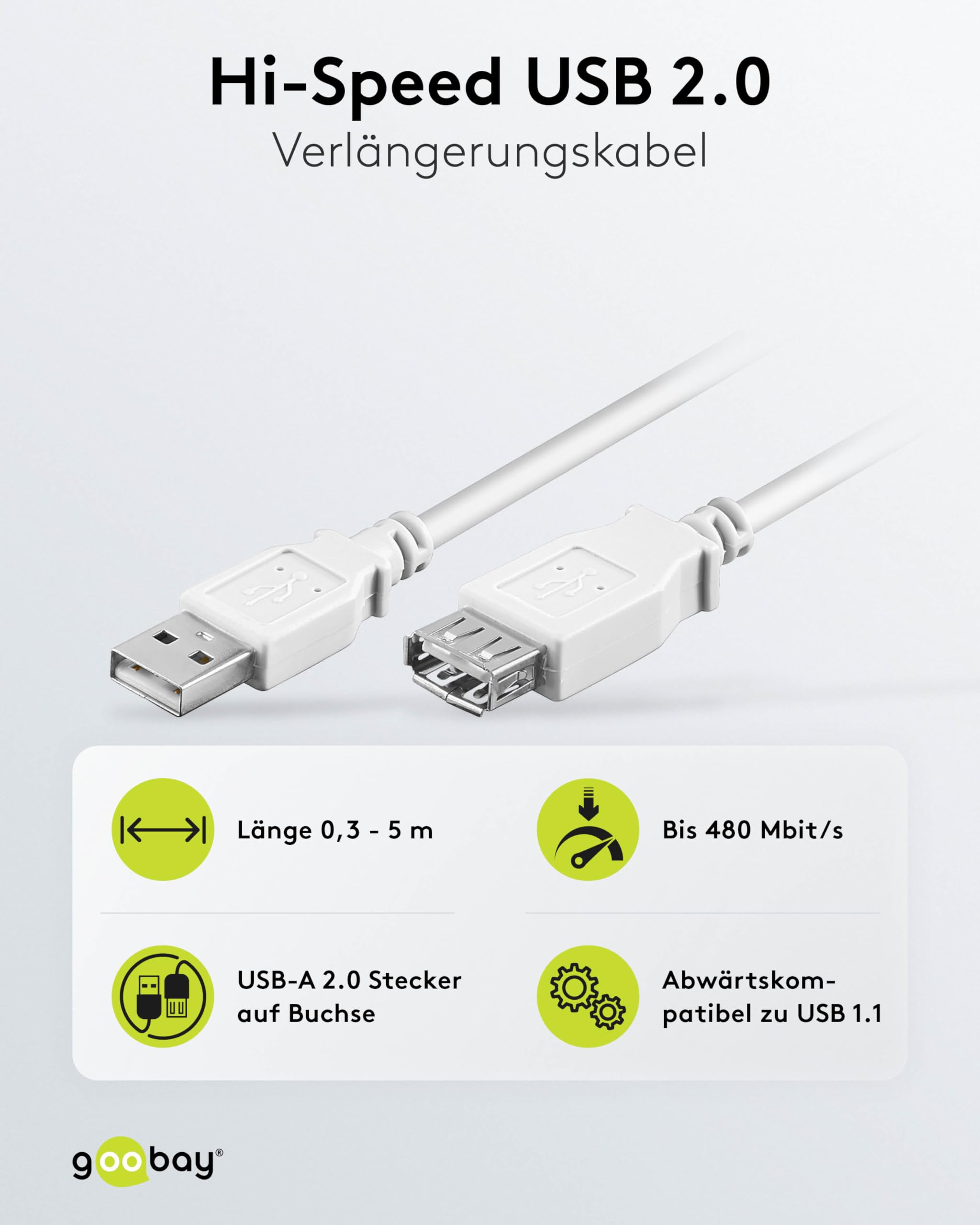 Goobay USB 2.0 Verlängerungskabel – 30 Cm, Hi-Speed Bis 480 Mbit/s, Doppelt Geschirmt, Zum Laden & Synchronisieren