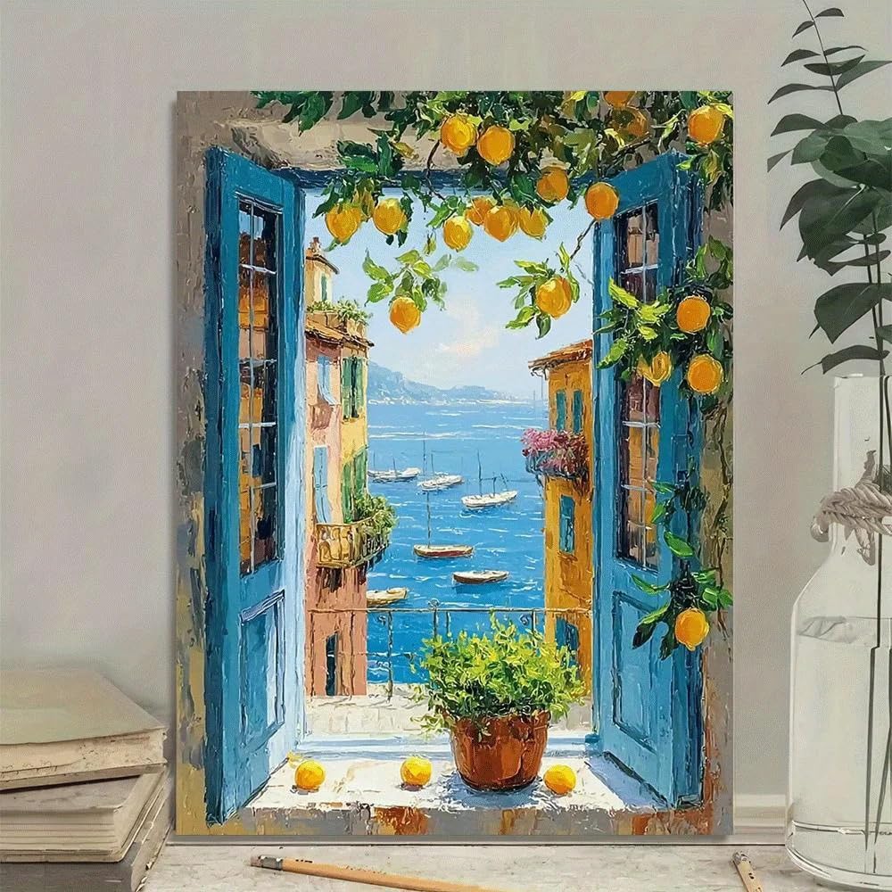 Dittelle Quadri decorativi con paesaggio marino visti dalla finestra, adatti per soggiorni, camere da letto, corridoi, bar, caffè e ristoranti (30x40 cm/cornice interna)