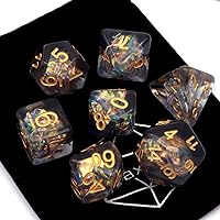 Vista 7 de Haxtec Juego de 7 dados DND negros rellenos de resina poliédrica D&D con inclusión de Mylar iridiscente para juegos de rol compatibles con Dungeons